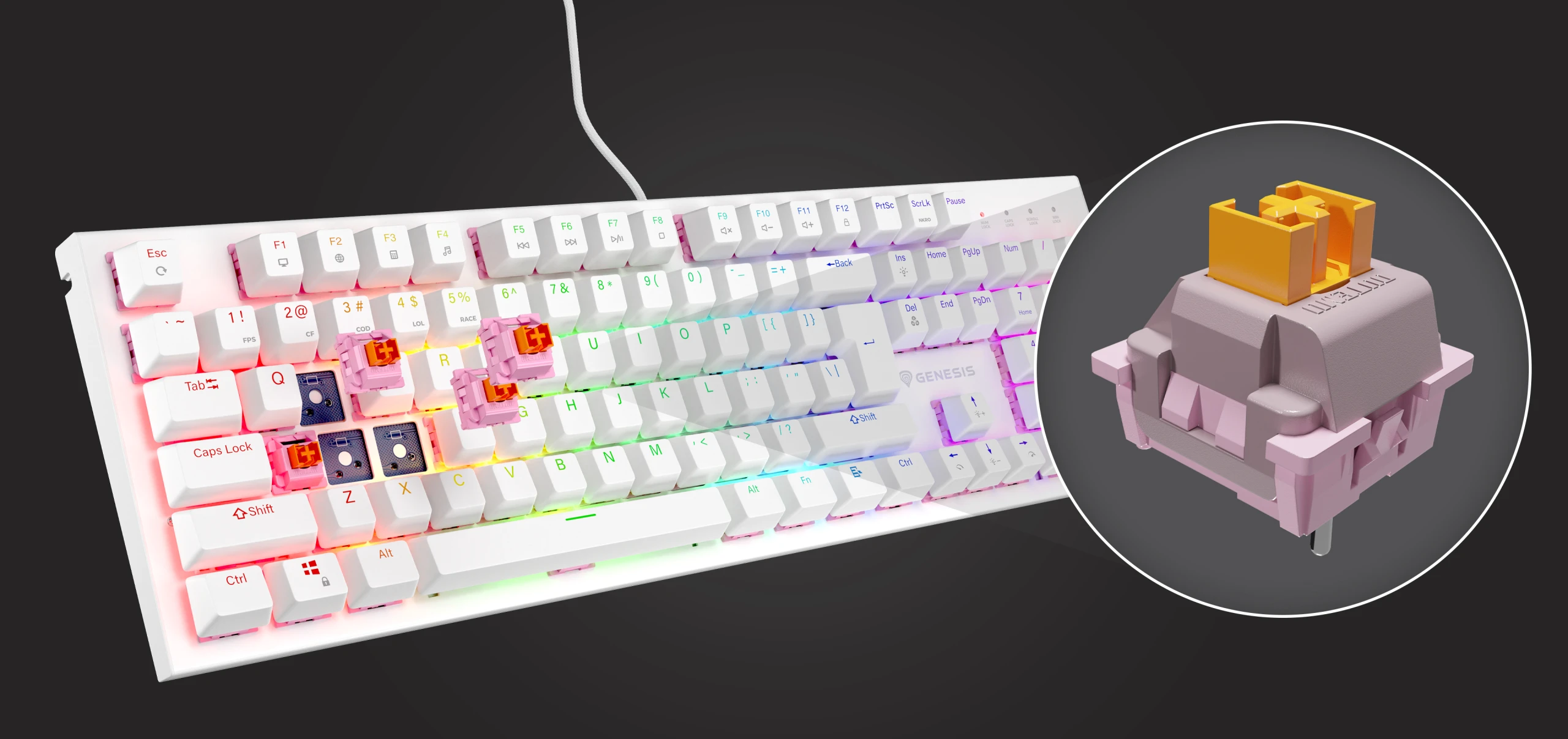 Genesis THOR 303 | Mechaninė klaviatūra žaidimams | su laidu | US | Baltas | USB Type-A | Outemu Peach Silent aprašymas - Prekės nuotrauka