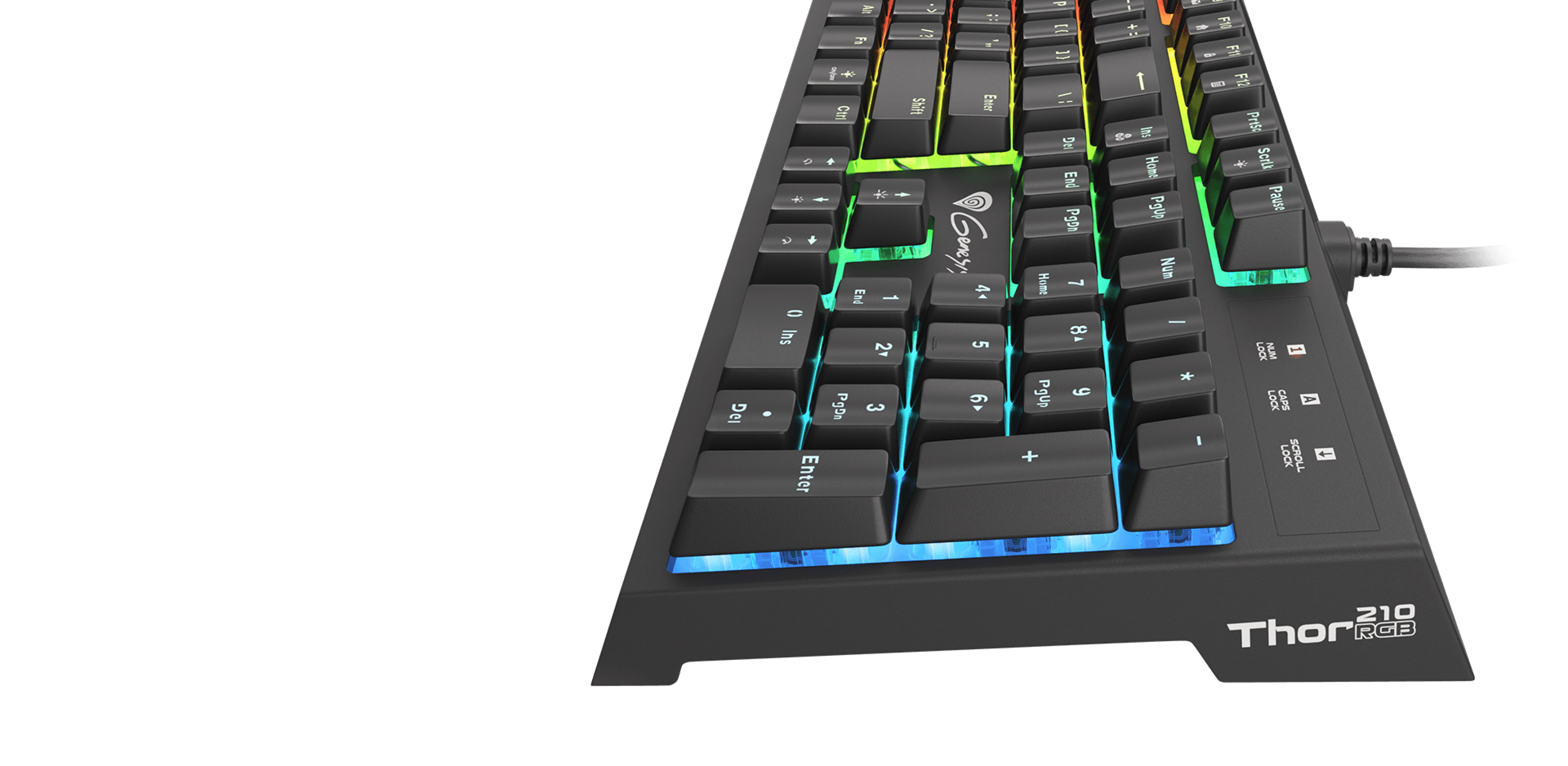 Keyboard with multicolored lighting and a wired connection cable visible on the side.