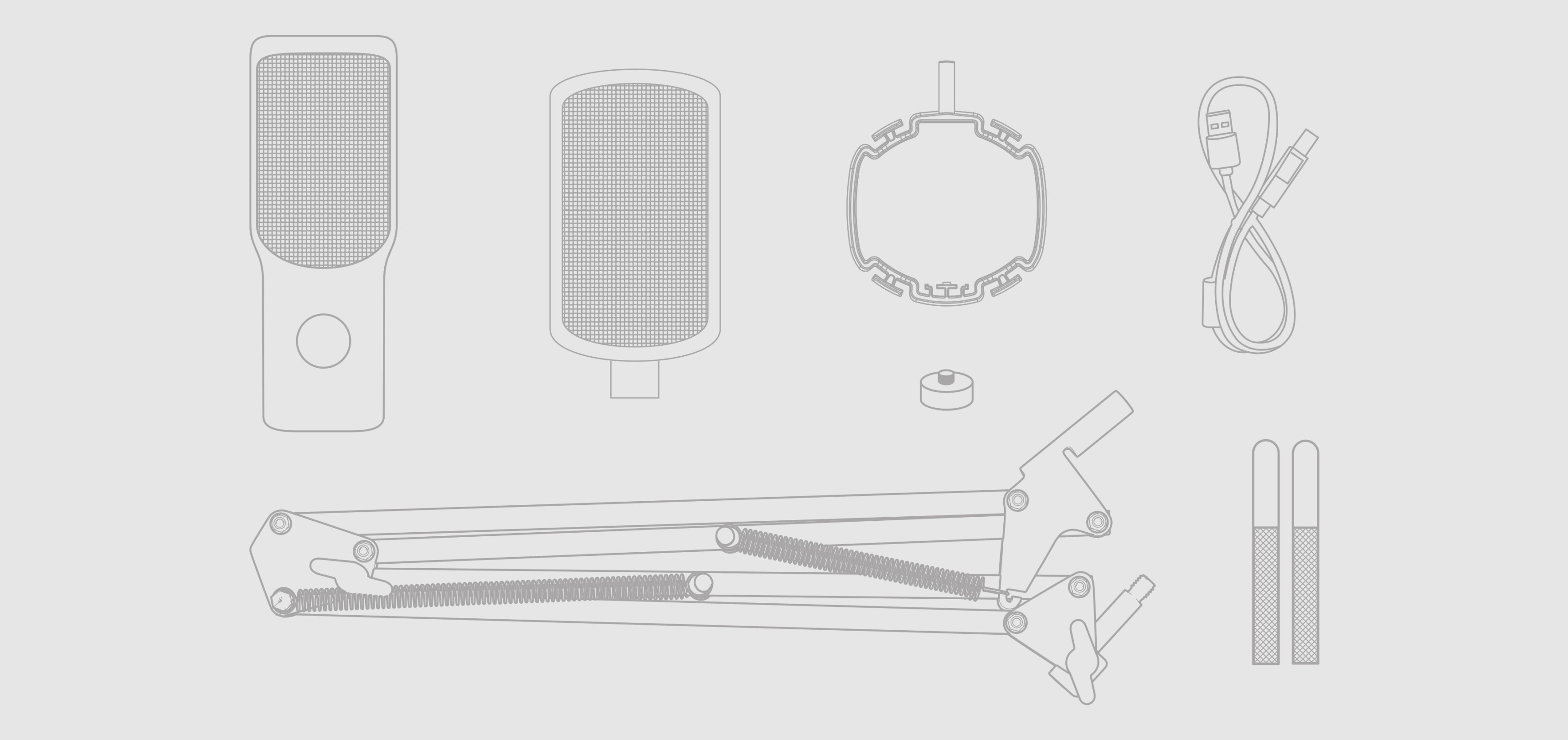 Microphone kit including the Genesis Radium 251 USB microphone, shock mount, boom arm, connection cable, and two microphone clips
