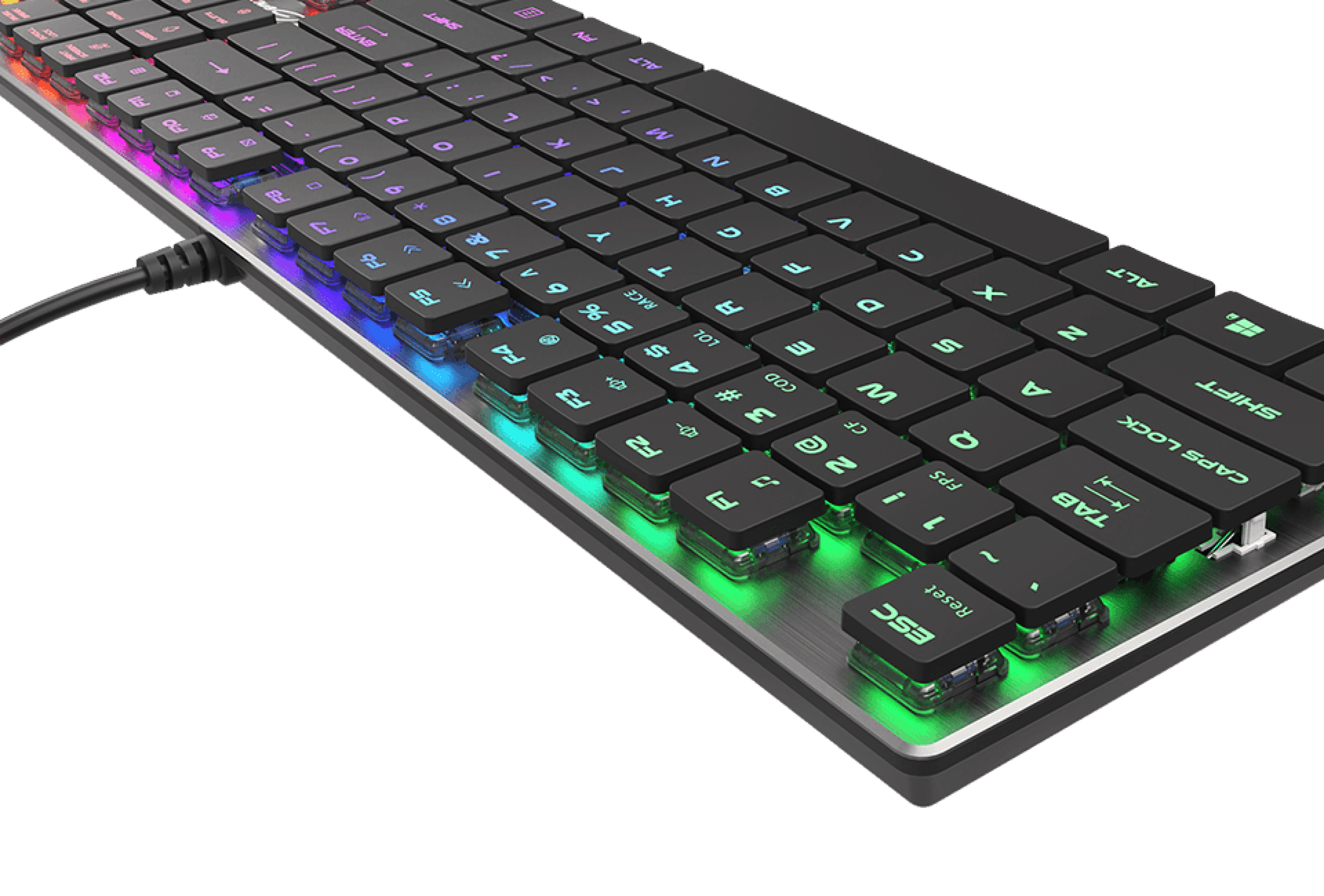 RGB mechanical gaming keyboard with blue switches, featuring slim profile and illuminated keys in vibrant colors