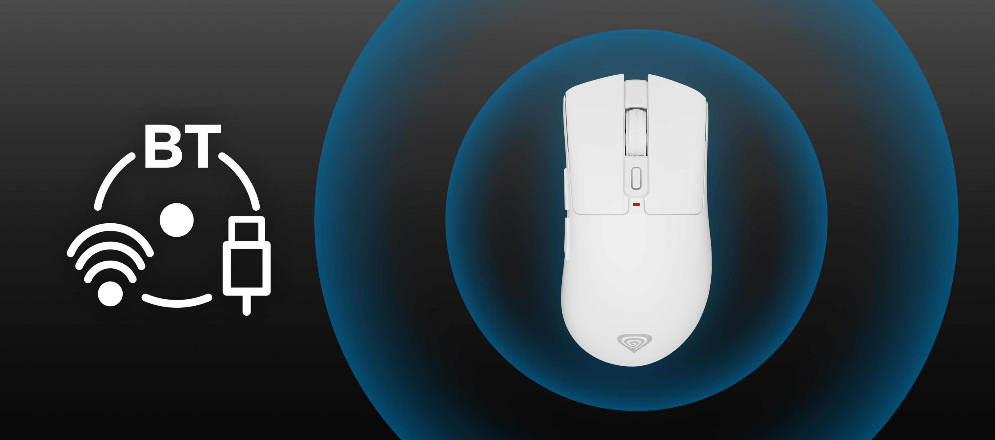 Wireless computer mouse in white color with a scroll wheel and side buttons.
