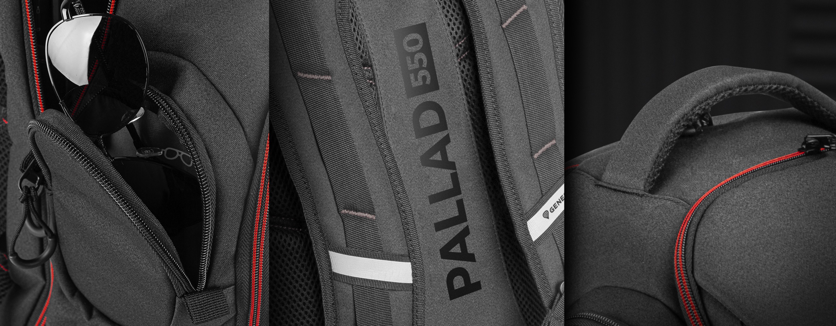 Close-up of the Genesis Pallad 550 laptop backpack, featuring its logo, side pocket, and zipper details in black and red