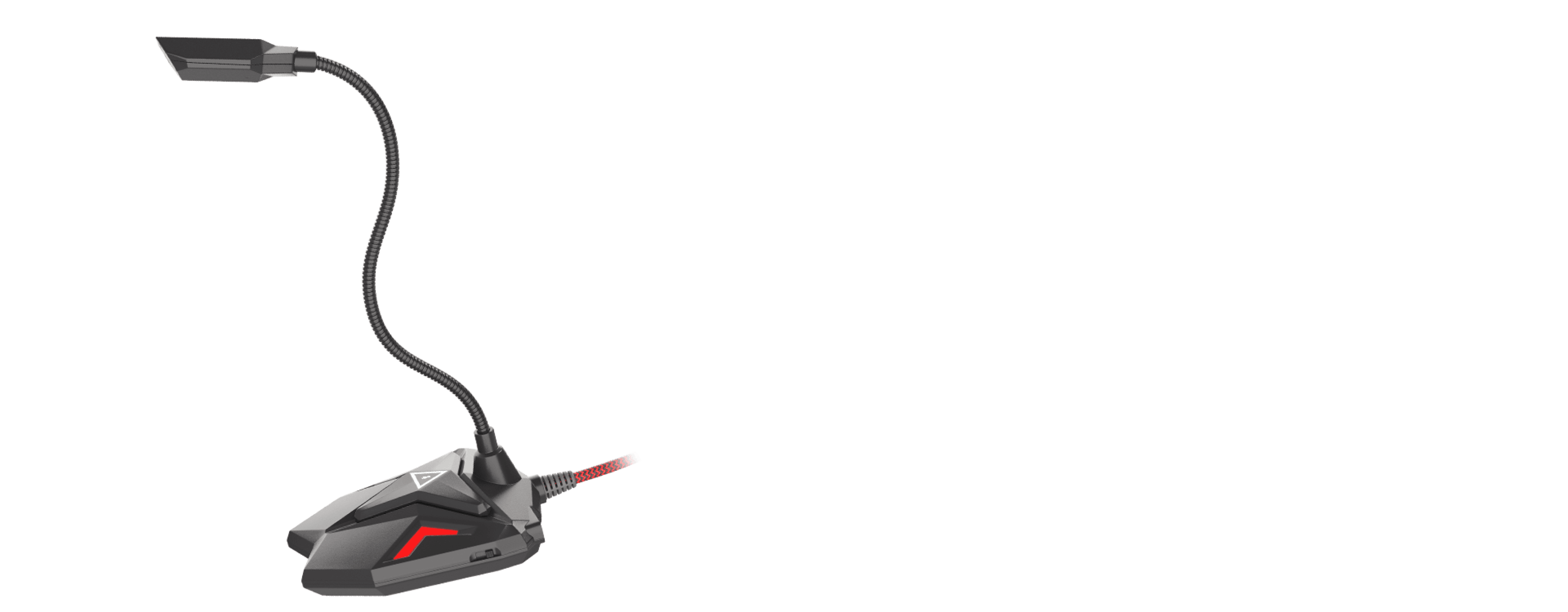 Flexible-neck microphone with a sturdy base and red accents, designed for gaming and streaming