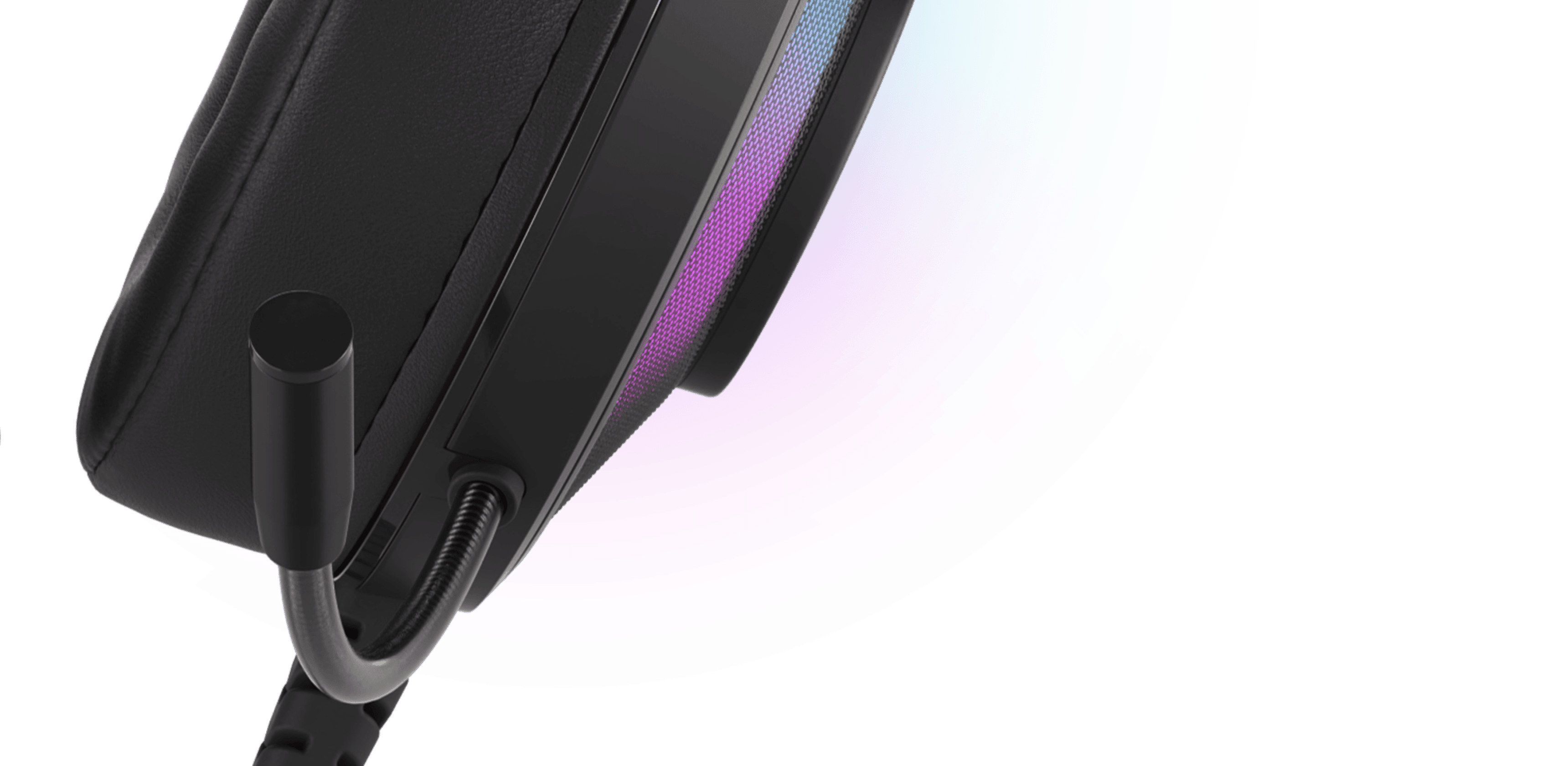 Headphones with a sleek design, featuring a colorful light strip and a connecting cable.