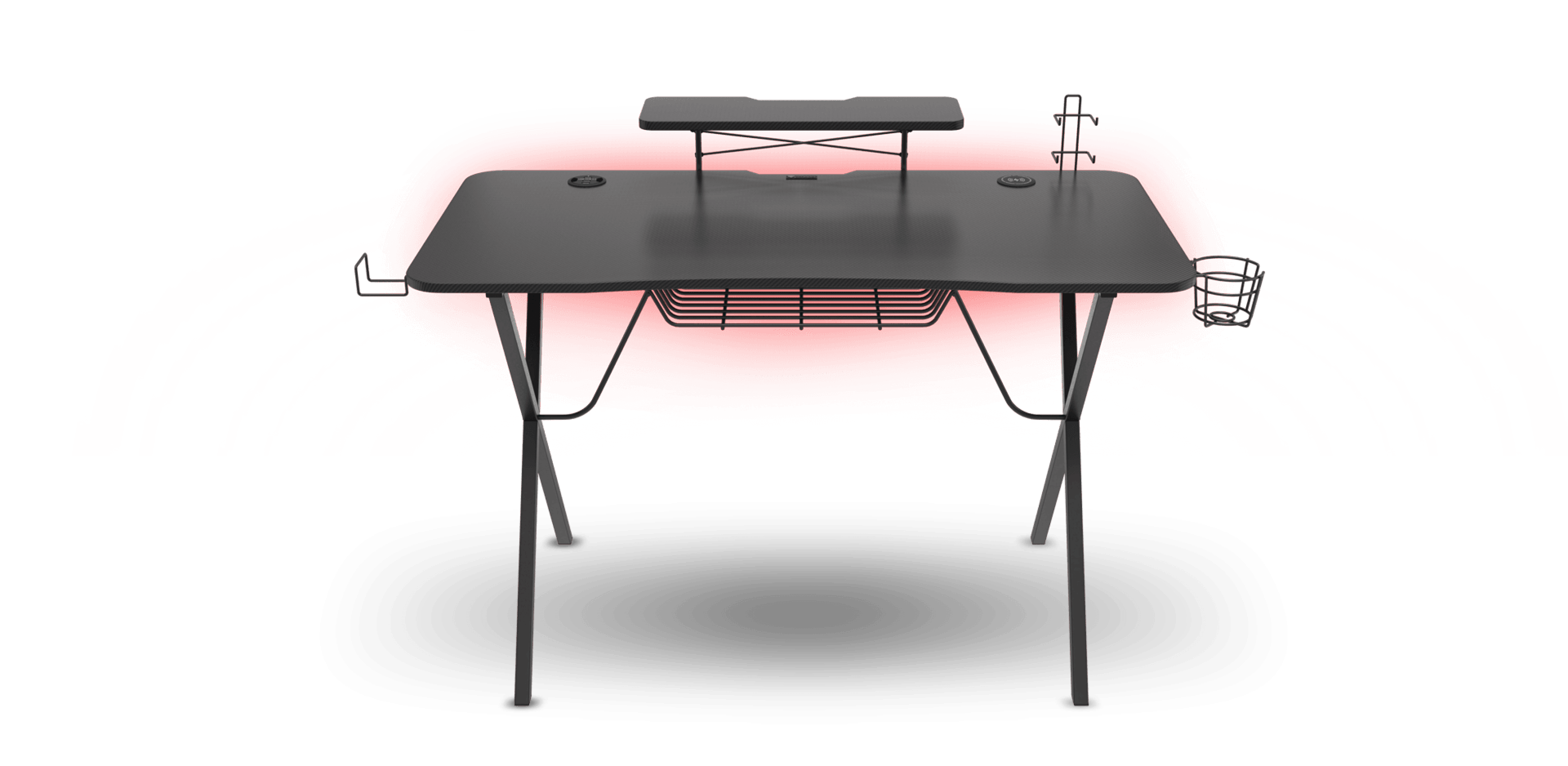 Black gaming desk with RGB lighting, featuring a raised monitor shelf, cable management, and side storage attachments