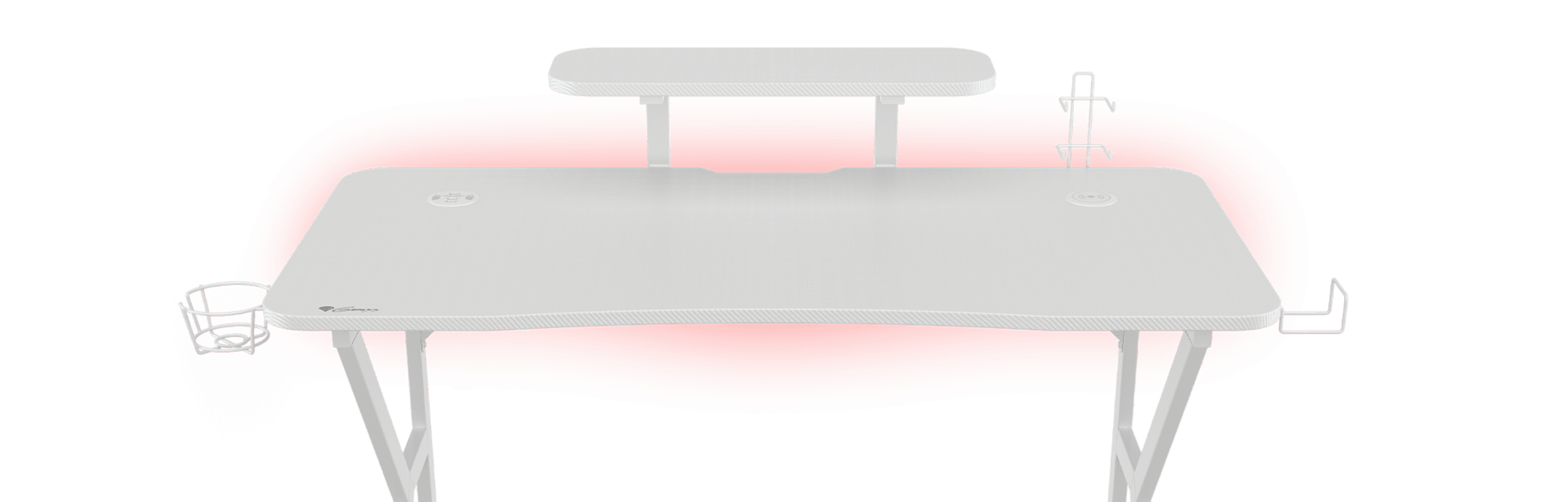 White gaming desk with RGB lighting, featuring a top shelf and side cup holders for accessories
