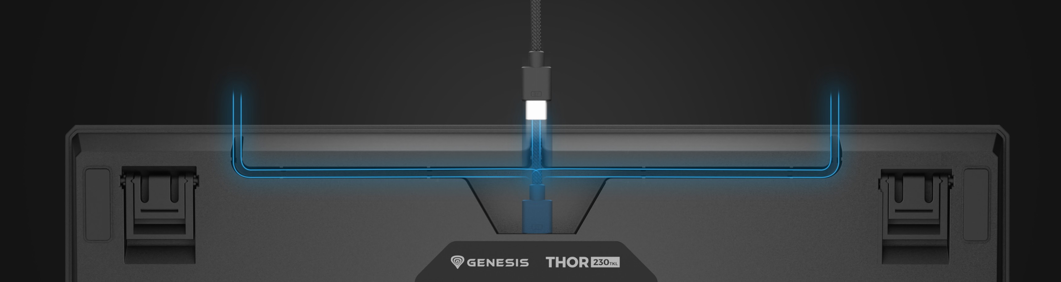 Top view of the Genesis Thor 230 TKL Lite mechanical keyboard, featuring USB-C connector and customizable RGB lighting