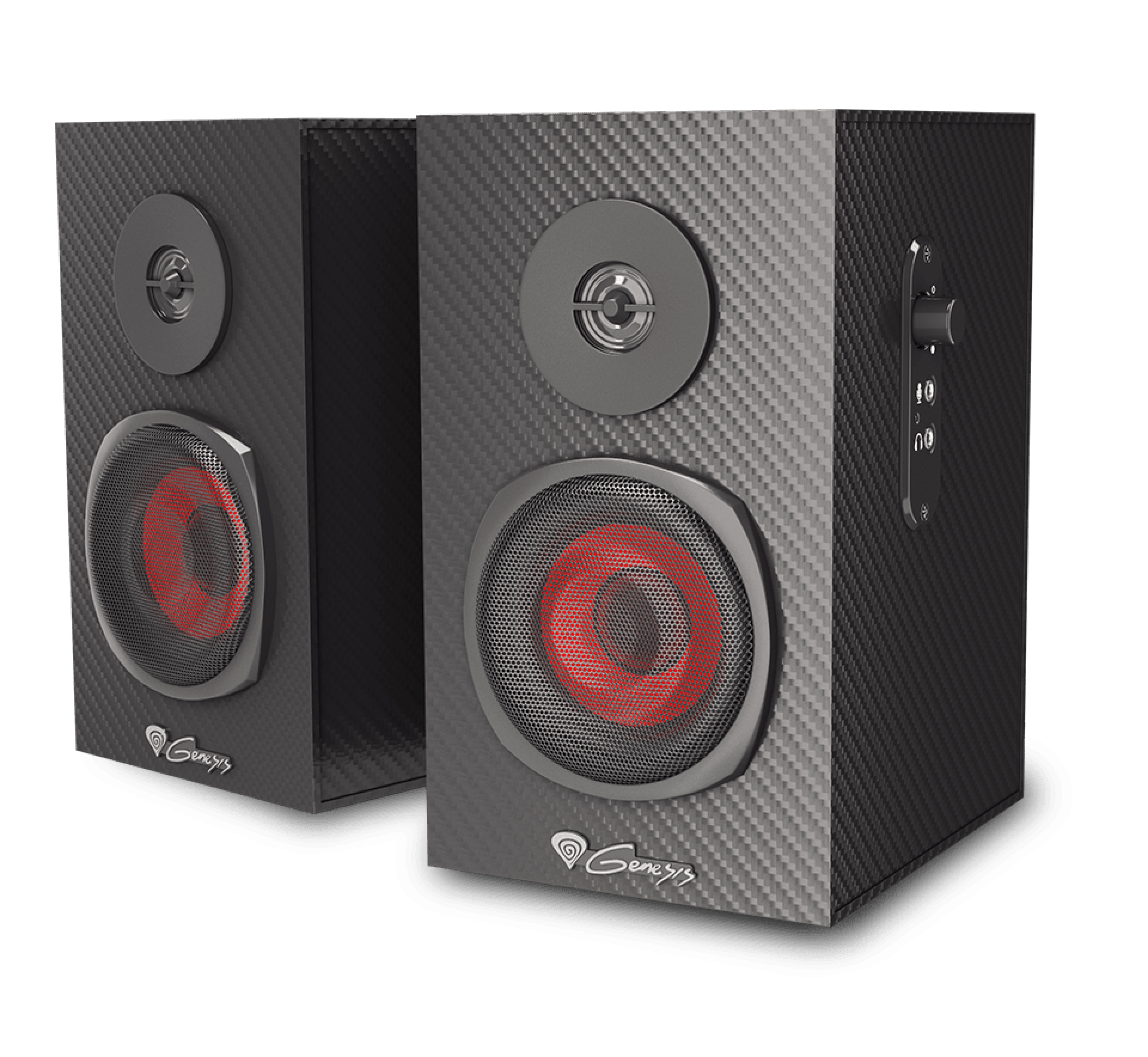 Black Genesis Helium 200 speakers featuring carbon fiber texture, front-facing driver with a red accent, and control knobs on the side