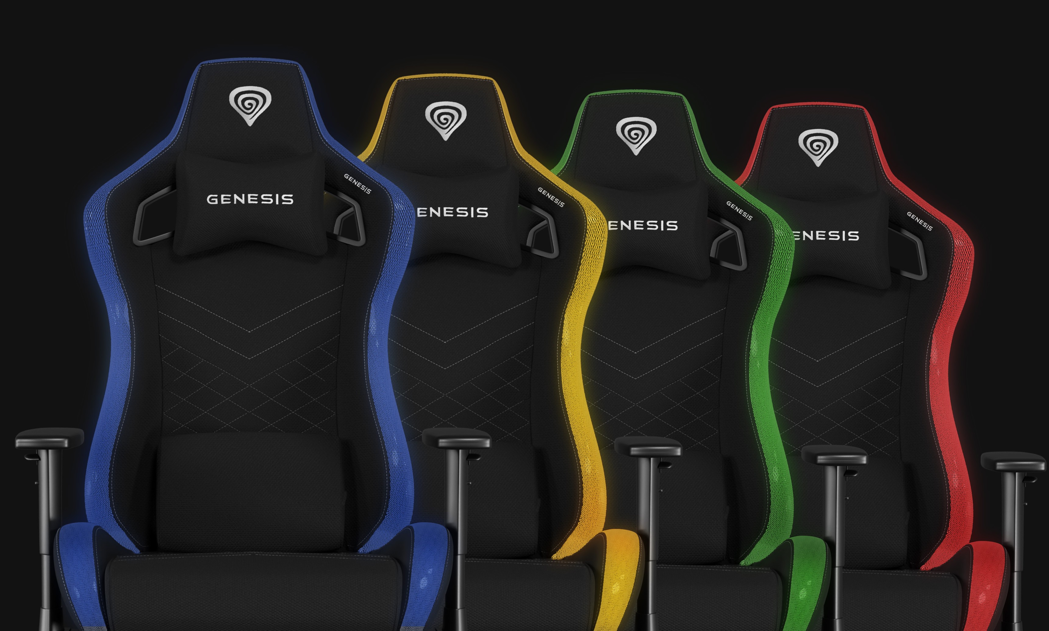Four Genesis Trit 660 RGB gaming chairs in different colors: blue, yellow, green, and red, showcasing ergonomic design