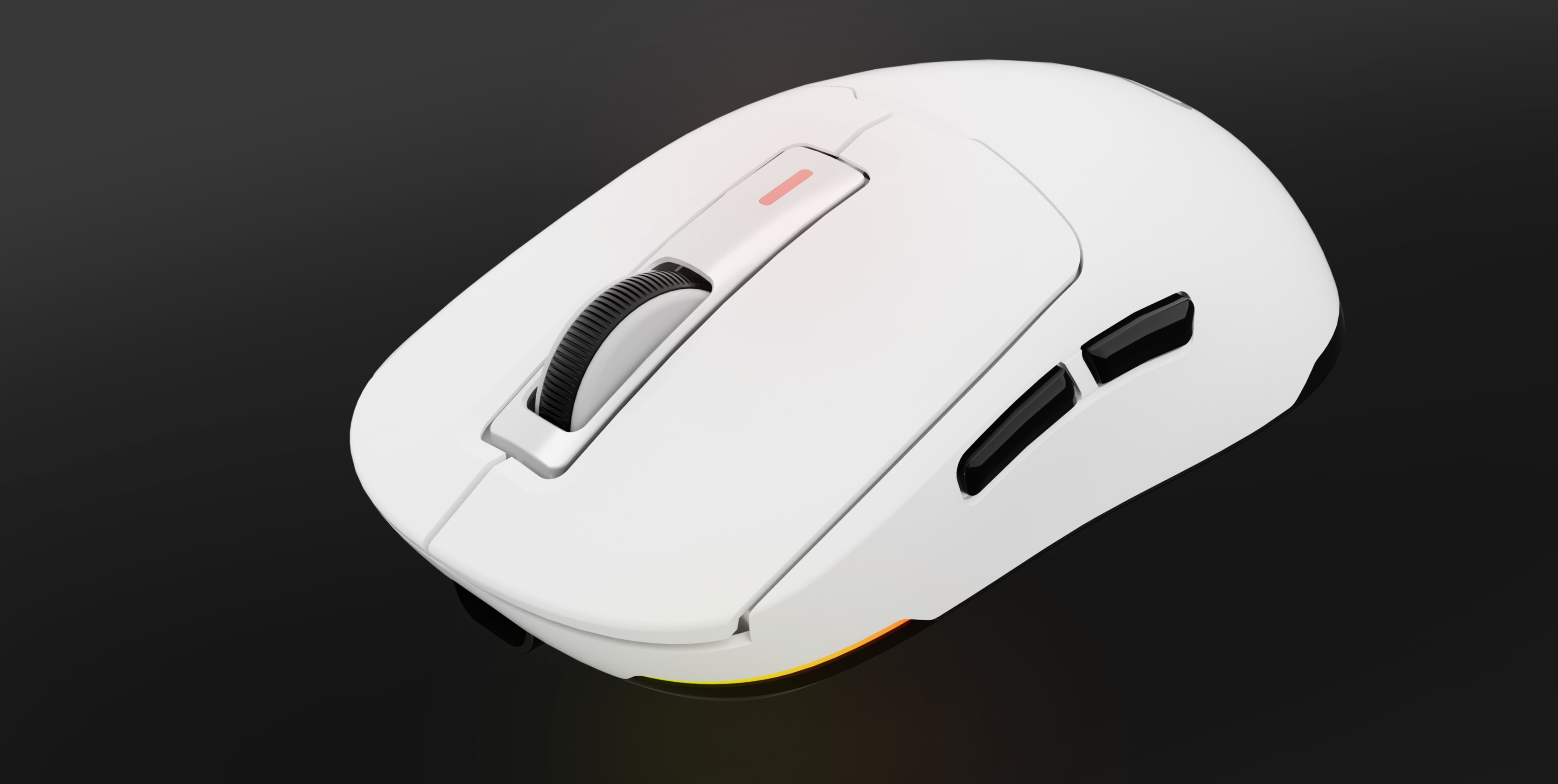 Wireless white gaming mouse with adjustable DPI up to 12000, featuring side buttons and customizable RGB lighting
