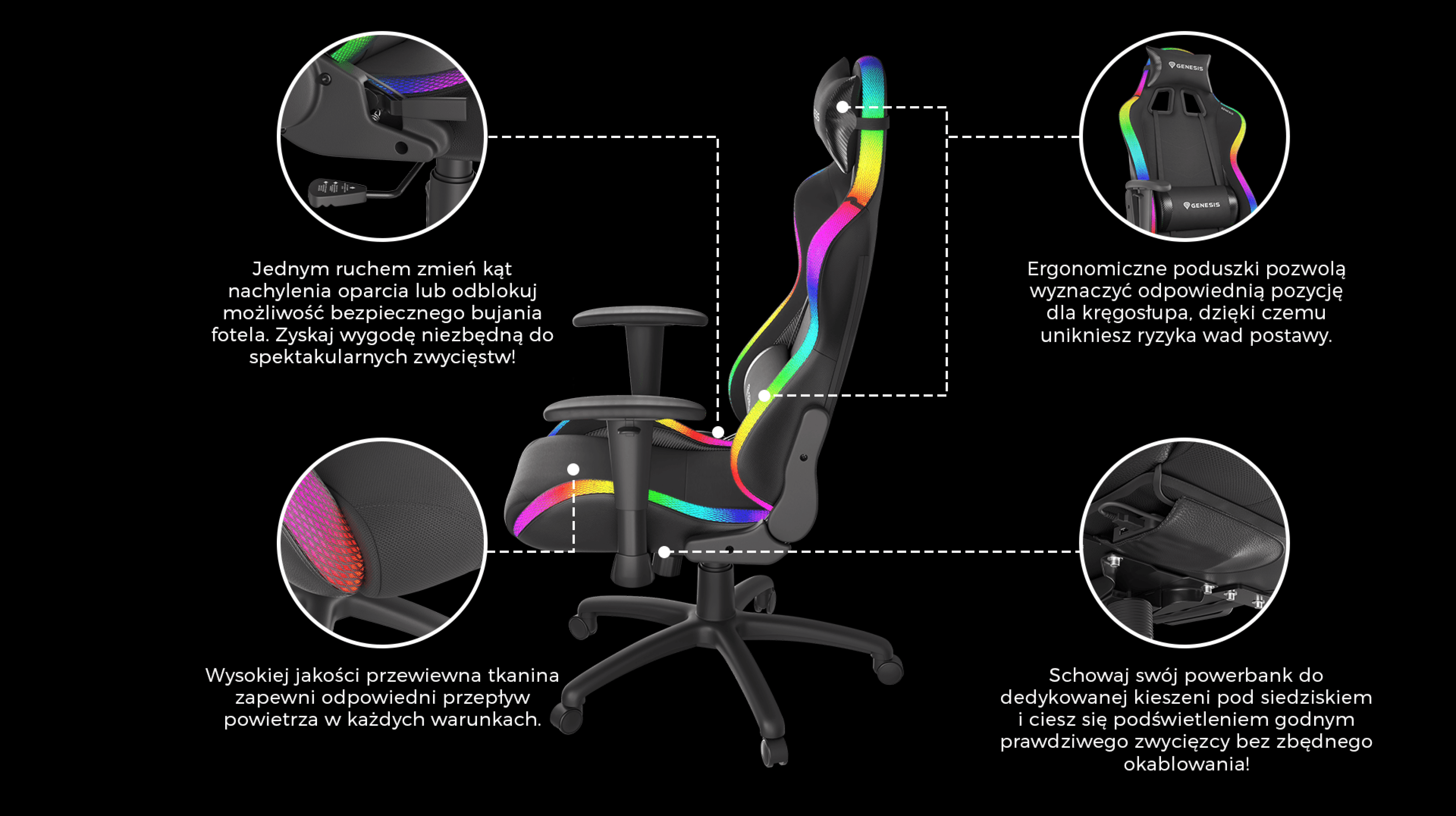 Gaming chair with RGB lighting features, ergonomic design, and adjustable components, shown against a black background