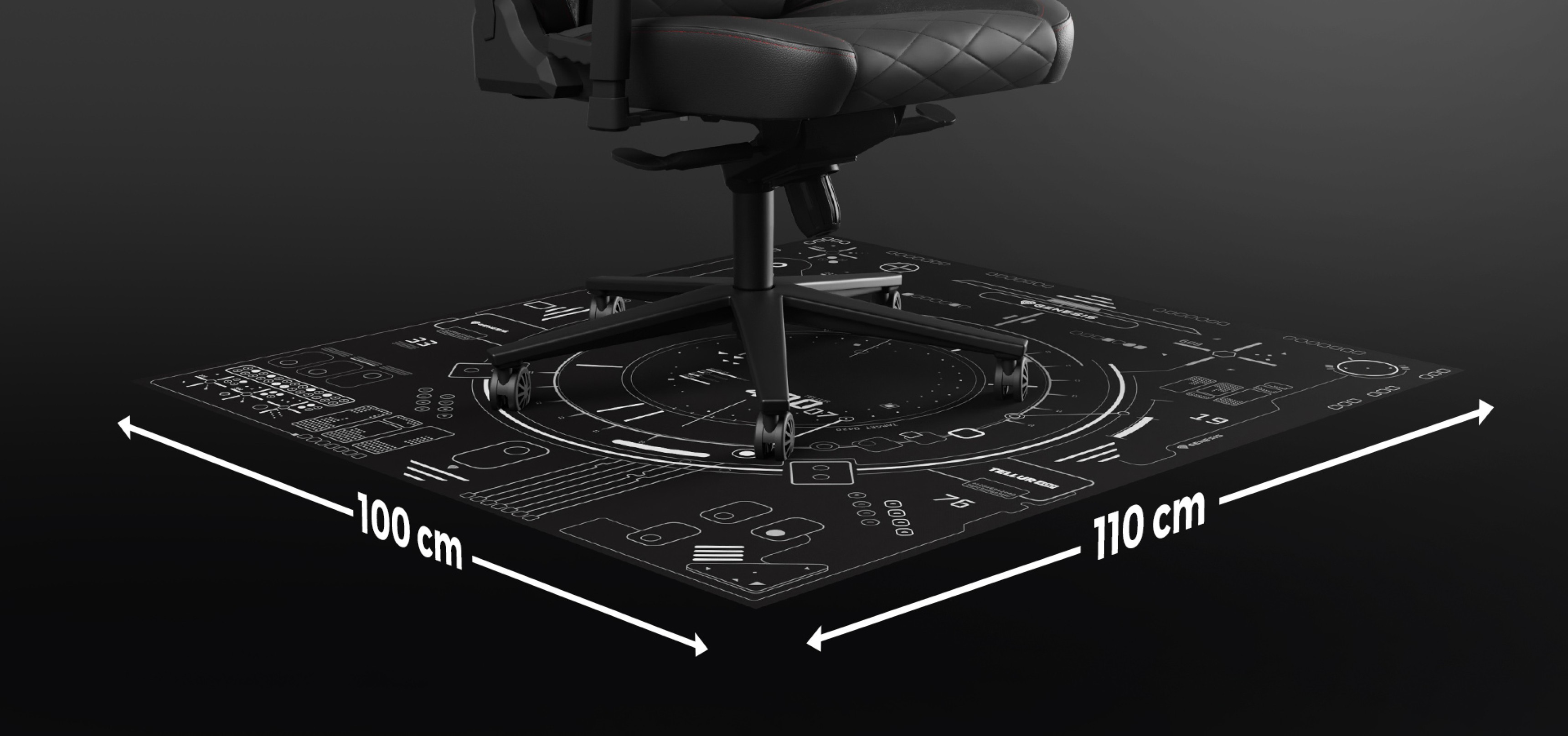 Black chair mat with technical design, measuring 110x100 cm, placed under an office chair