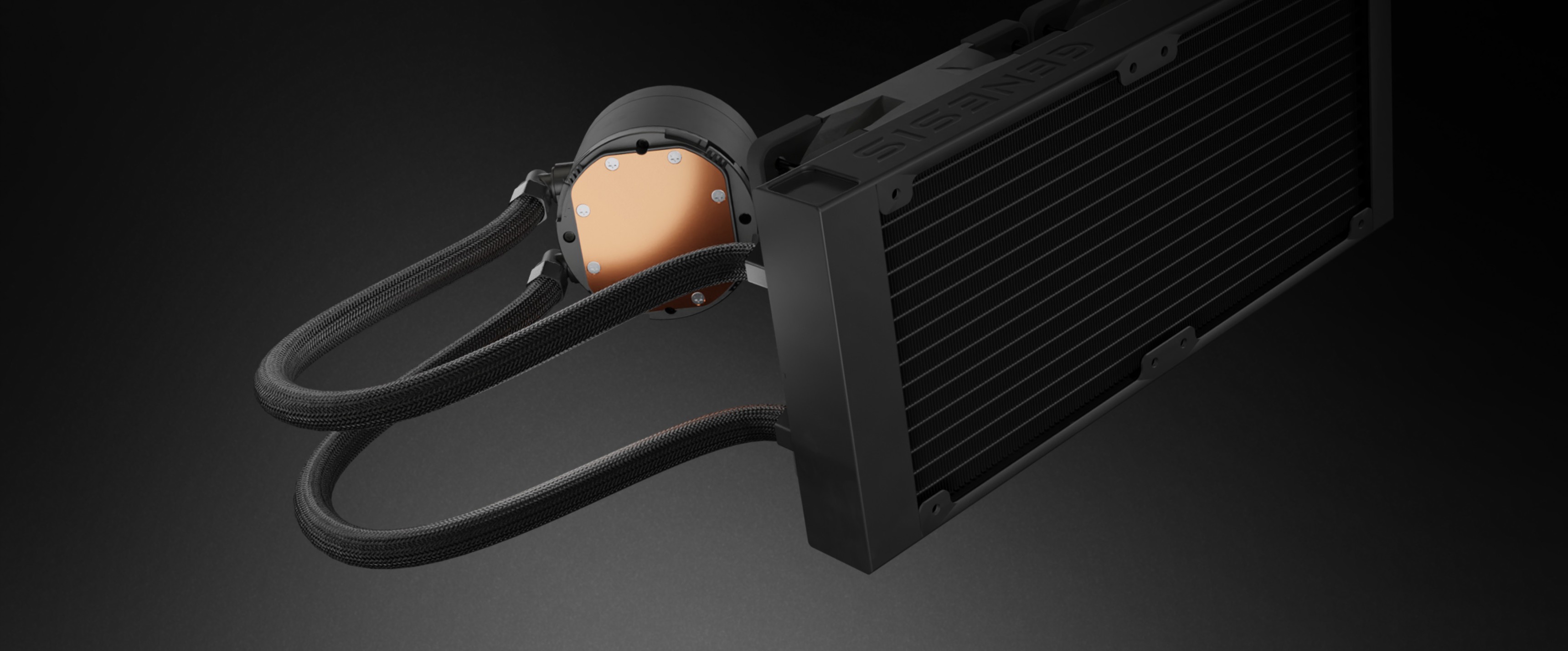 Black water cooling system Genesis Hydria 240 ARGB with a sleek radiator and connecting tubes. Features an integrated pump