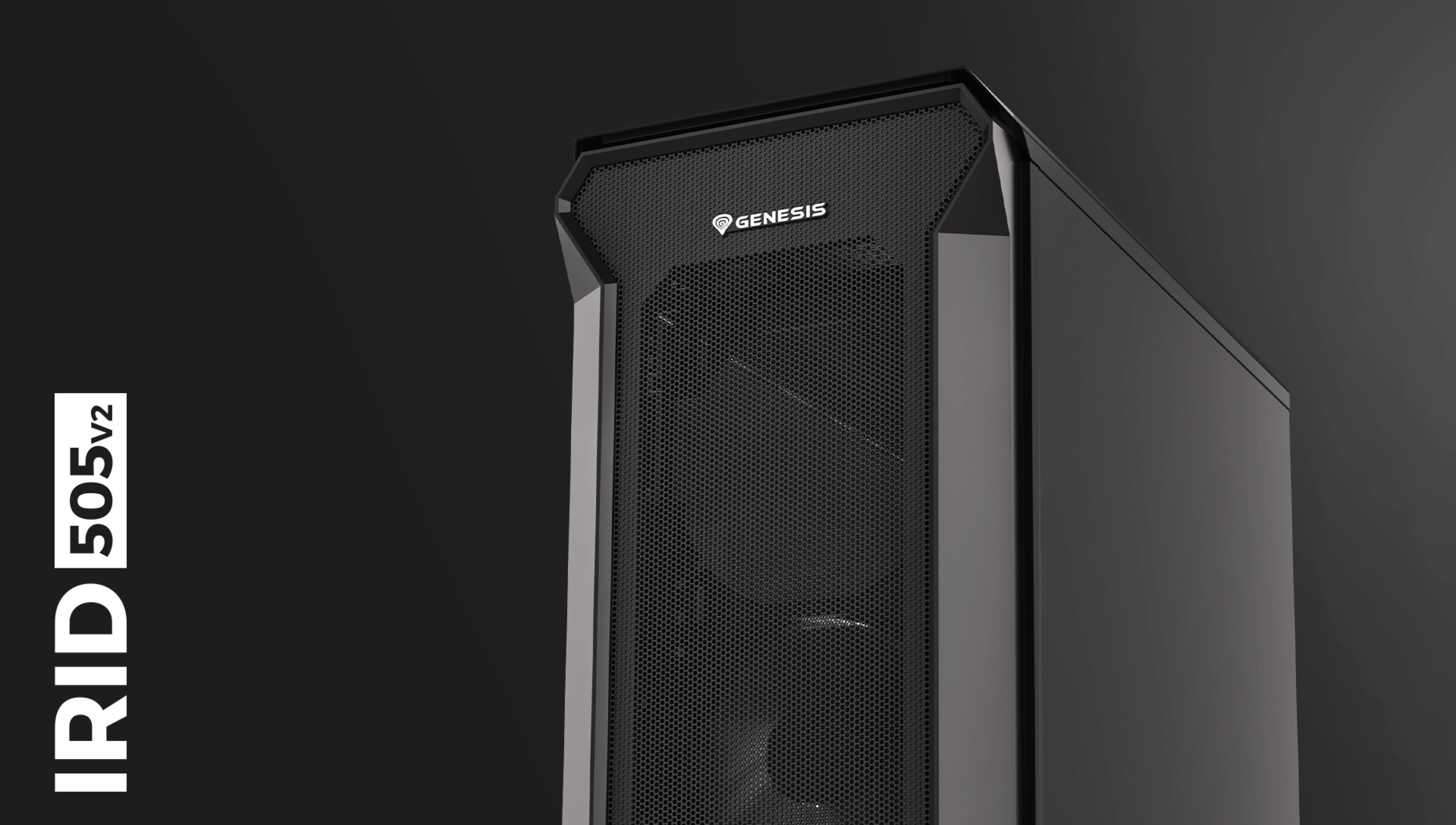 Black Genesis IRID 505 V2 MIDI tower case with mesh front panel and window