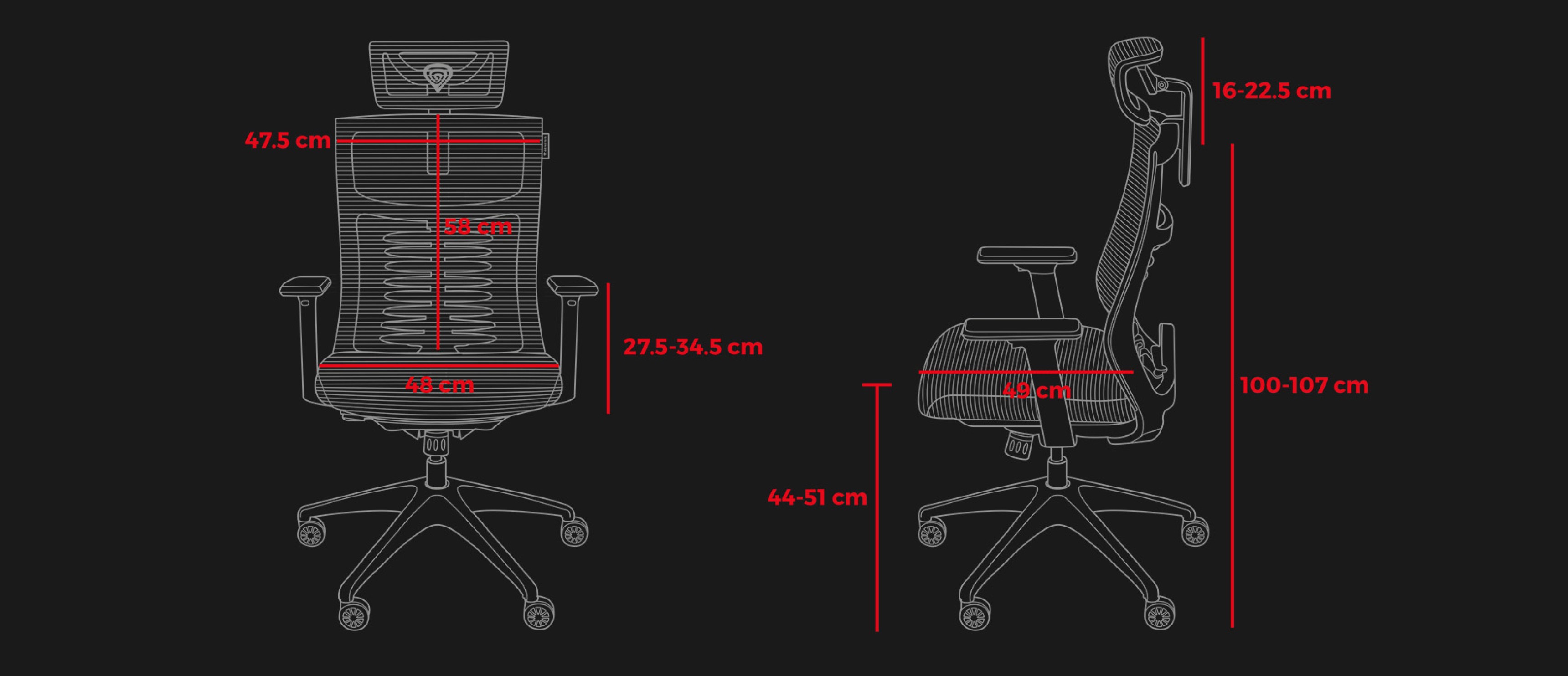 Ergonomic chair dimensions for Genesis Astat 200 G2 in black, showing height, width, and depth measurements