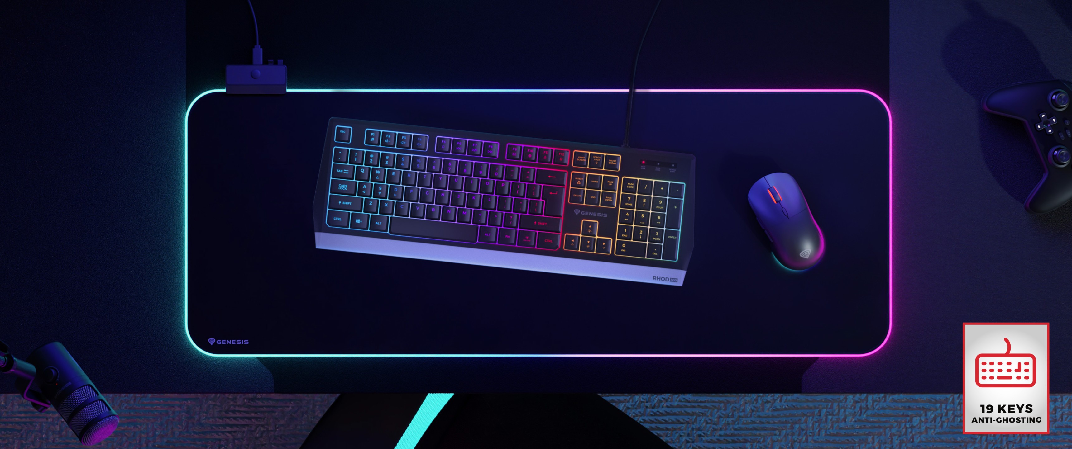 RGB backlit gaming keyboard and mouse on a dark gaming desk, showcasing colorful lighting and sleek design