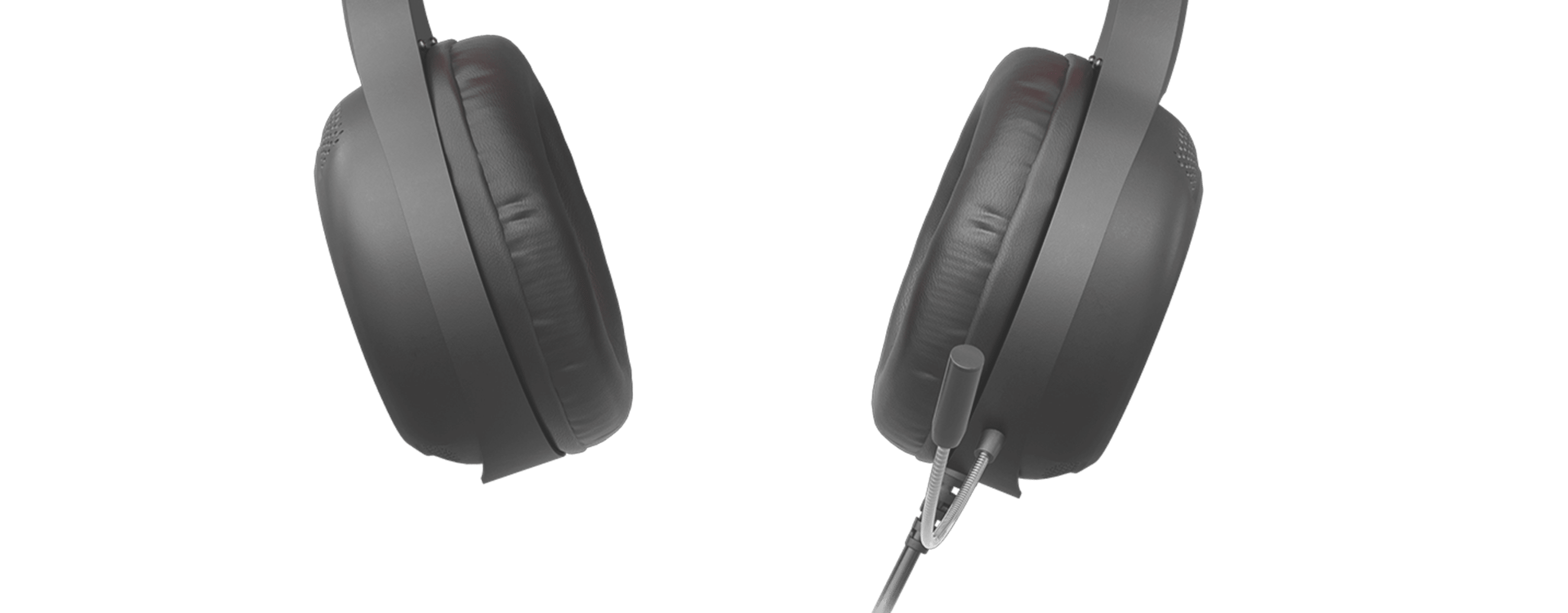 Headphones with a flexible microphone and padded ear cups in a sleek black design.