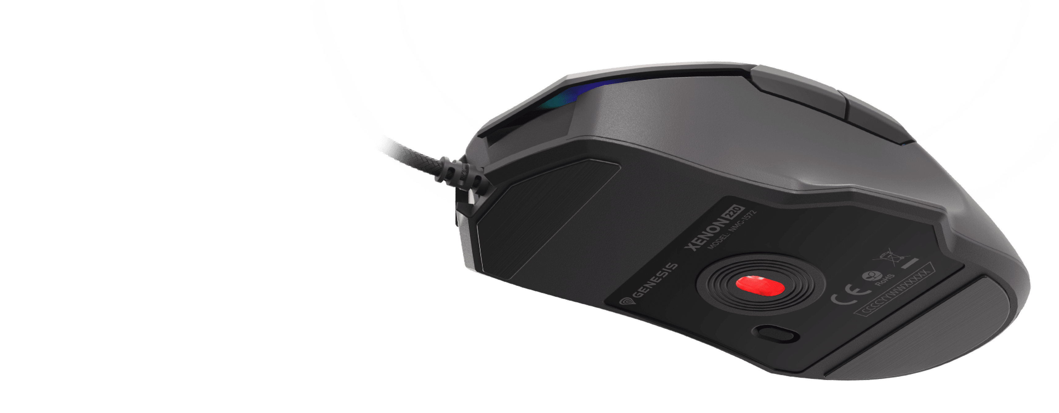 Black gaming mouse with RGB lighting, featuring a quiet click and adjustable DPI up to 12800