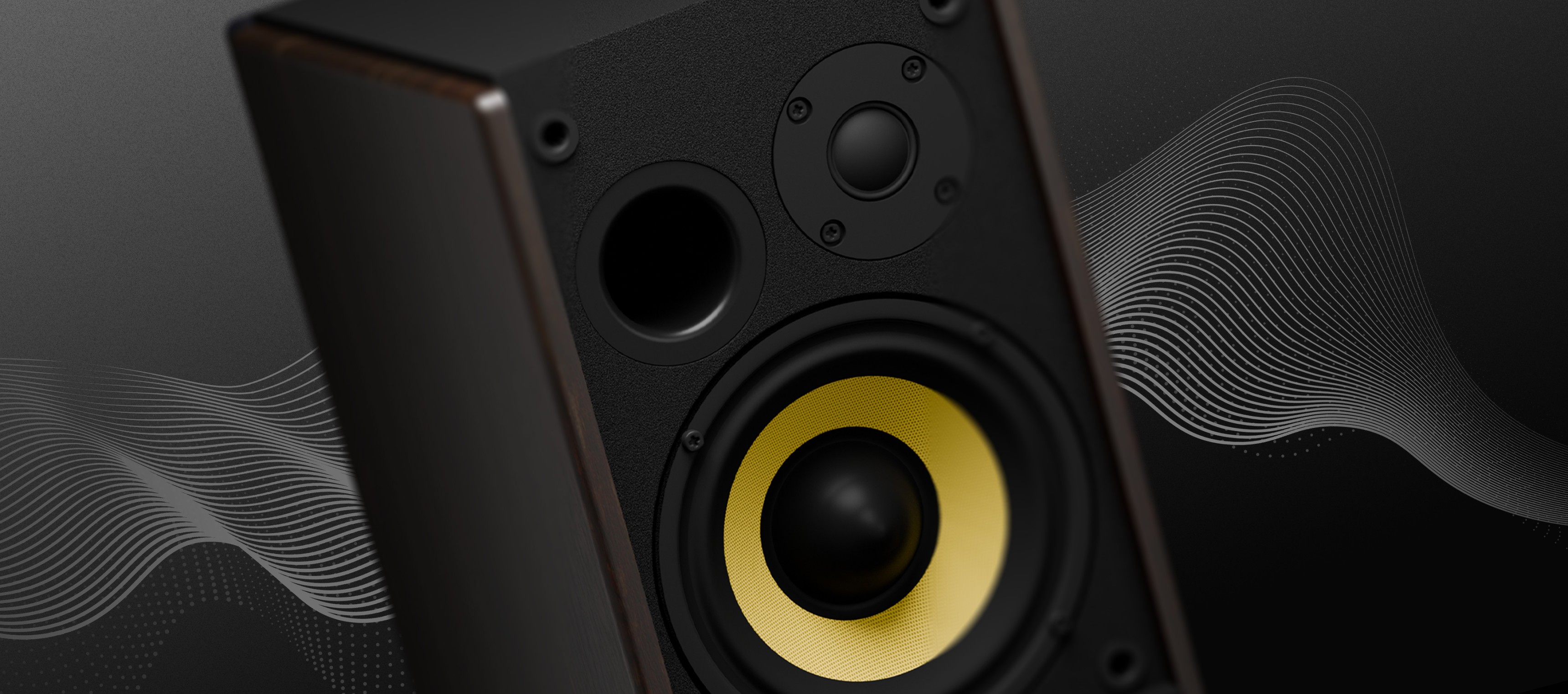 Speaker with a black wood finish and a yellow cone on the front.