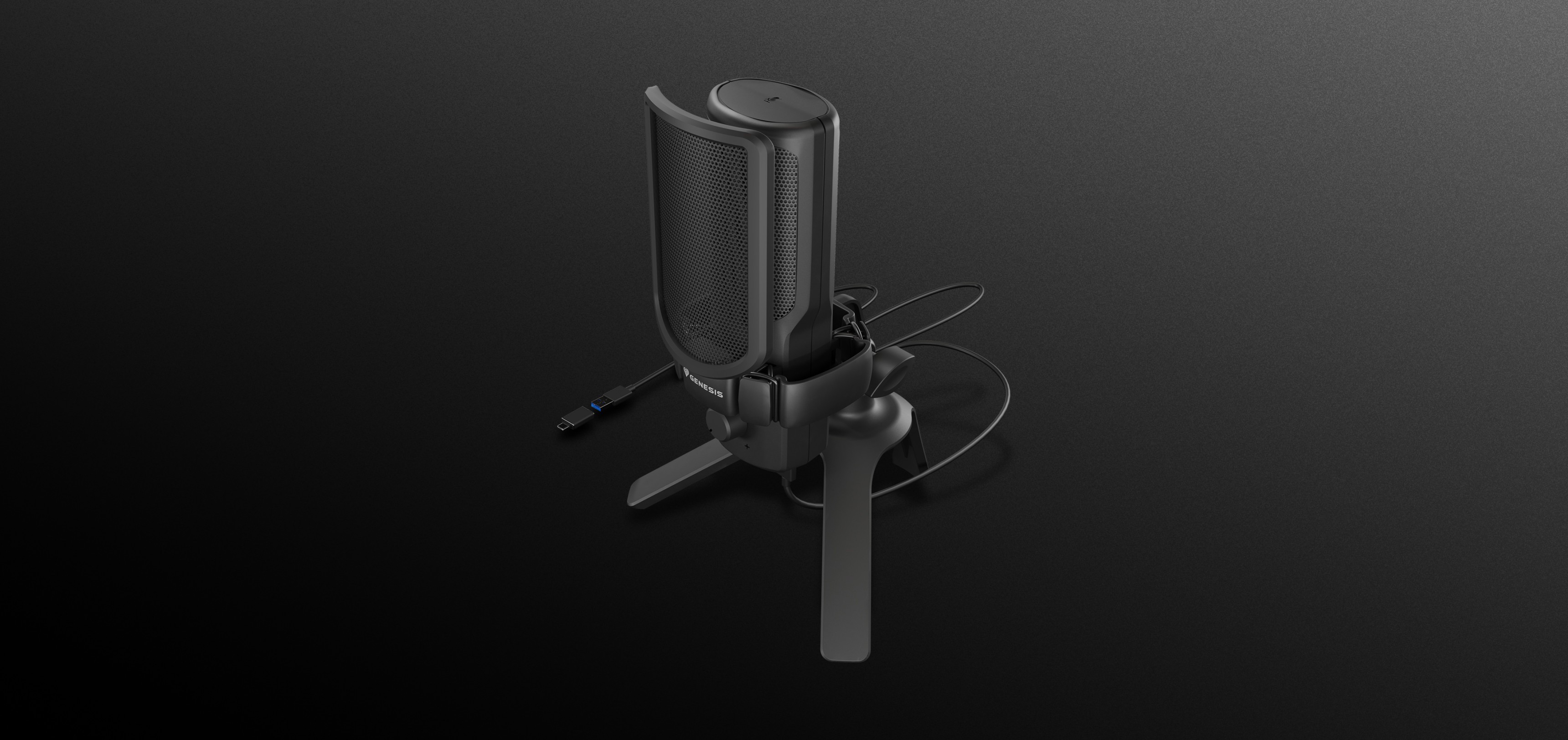 Black USB microphone with a sleek design, mounted on a tripod stand and featuring a connecting cable