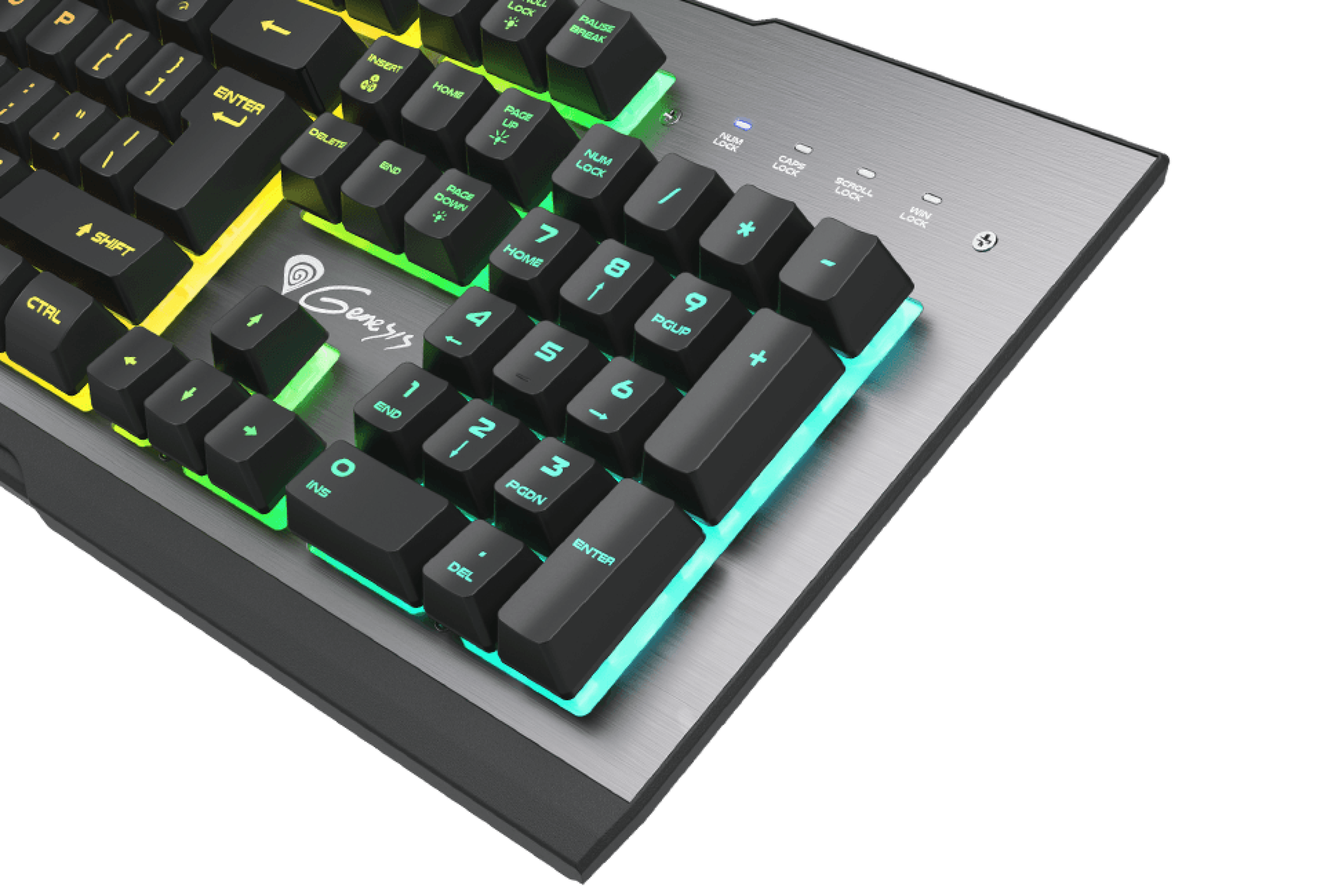 Keyboard with illuminated keys in multiple colors on a metallic surface.