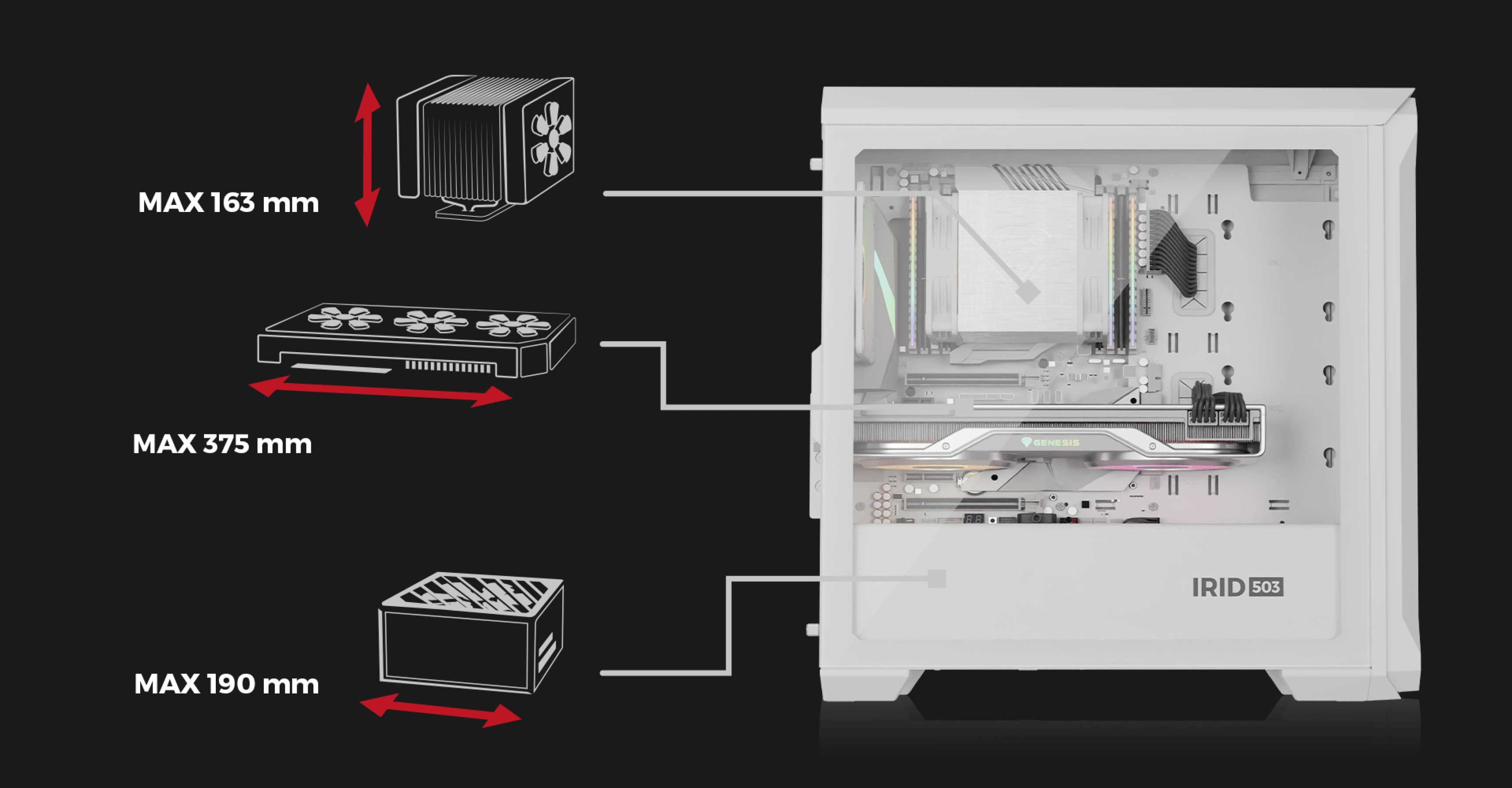 White Genesis IRID 503 ARGB Lite MATX mini tower case with a transparent side panel and dimensions for components outlined