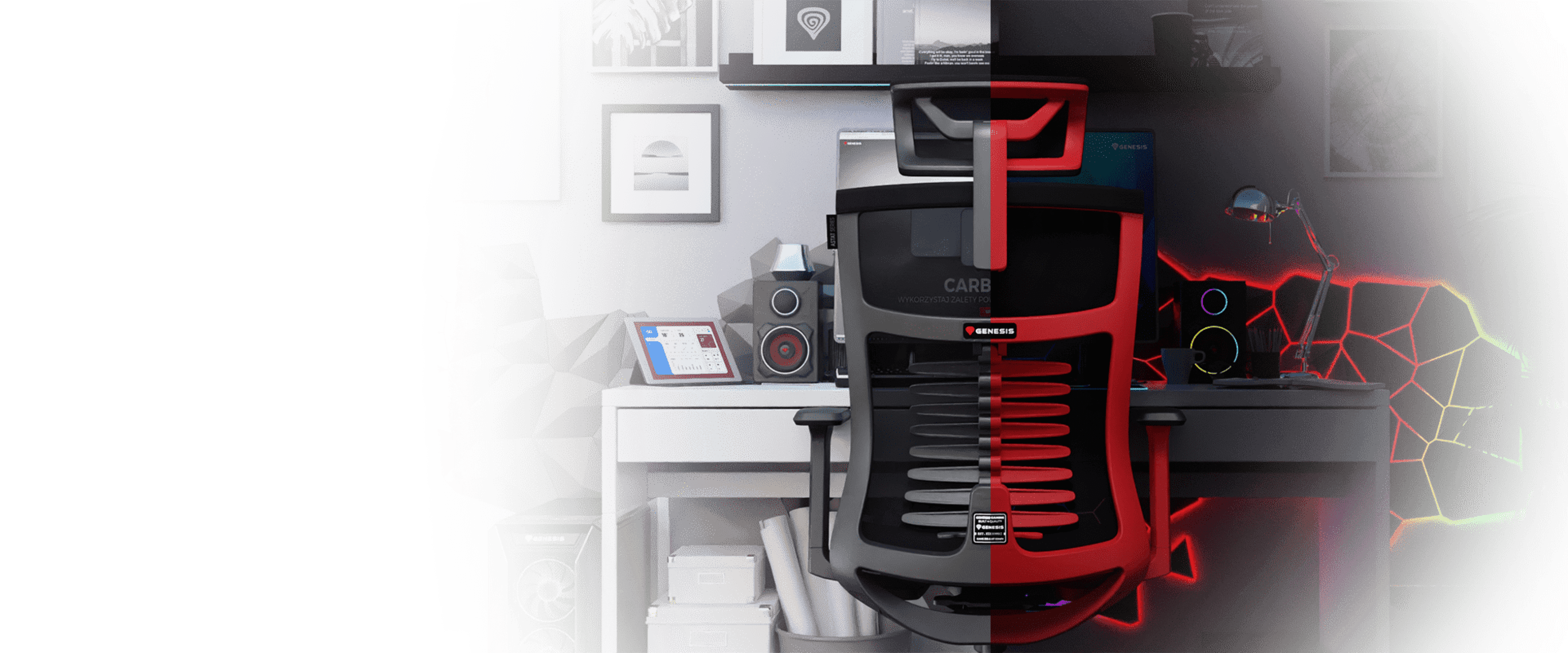 Ergonomic black seating chair Genesis Astat 700 G2, displayed against a modern workspace backdrop with tech elements