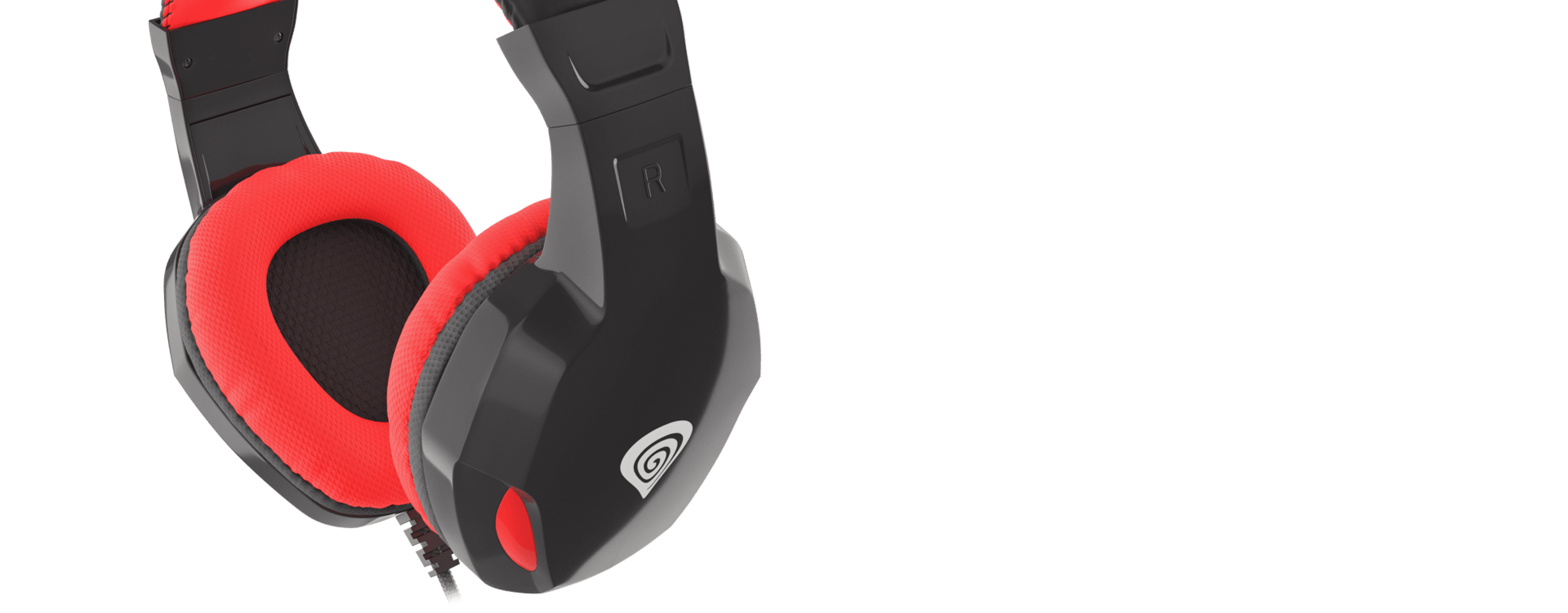 Headphones with a black exterior and red ear cushions for comfort and style.