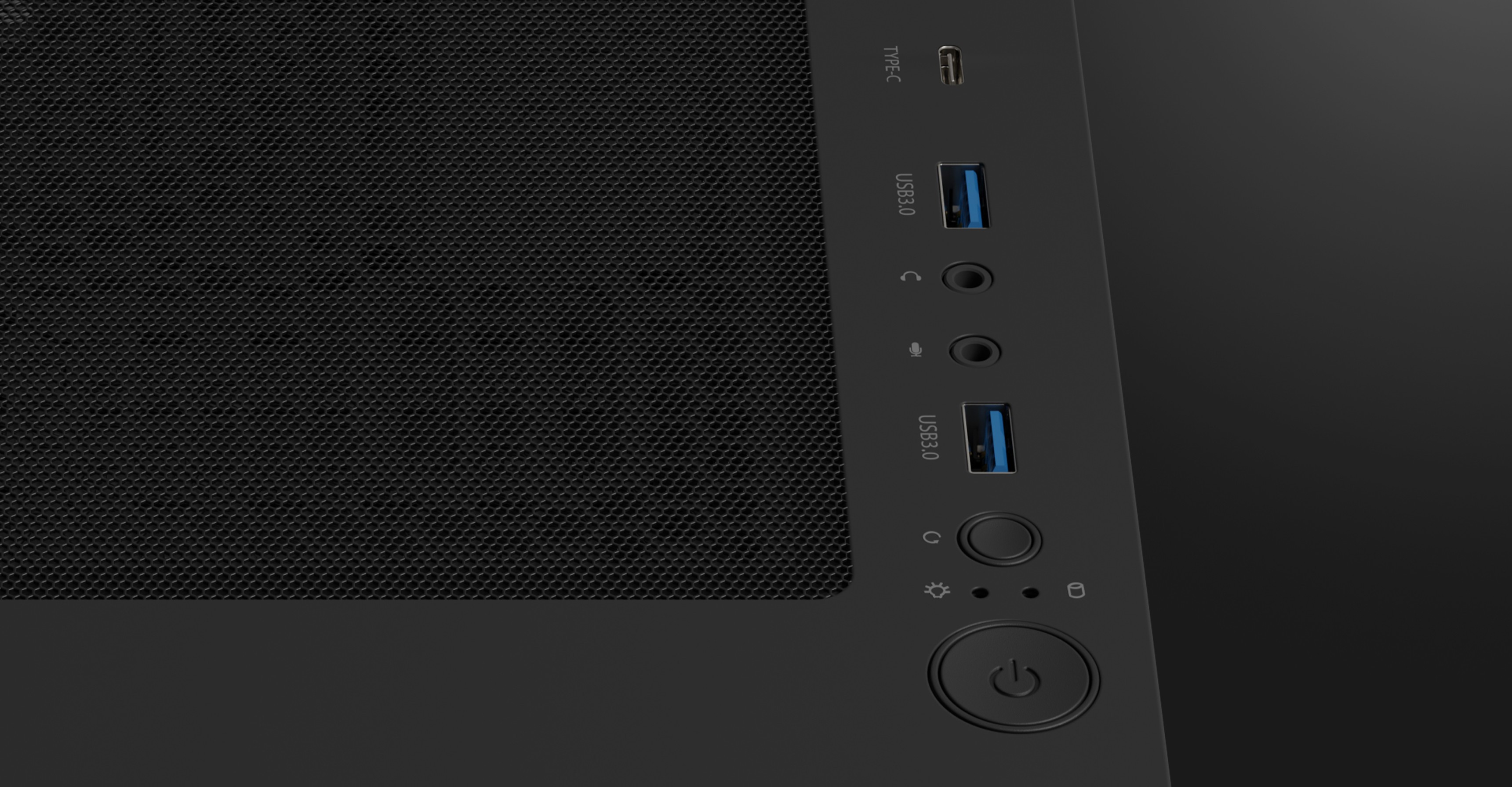 Computer case top panel with multiple ports and buttons, including audio and a connection port