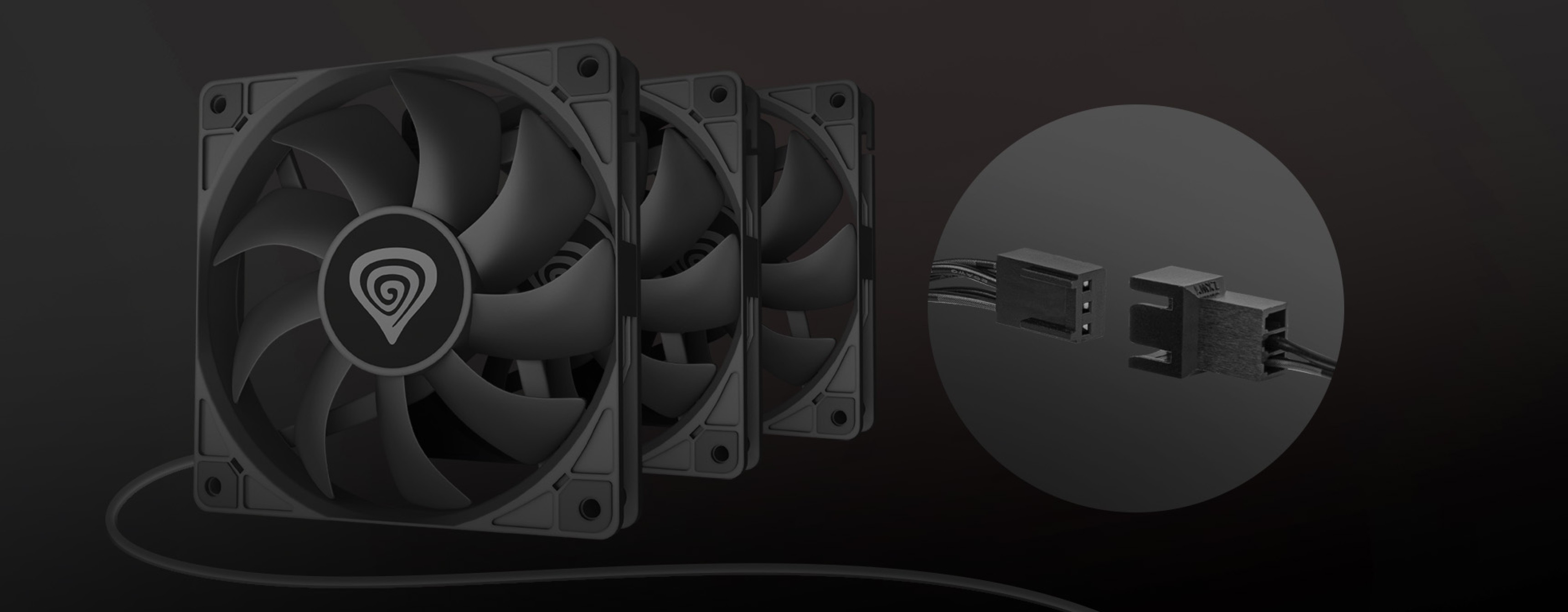Three black cooling fans with sleek blades, alongside a close-up of connector cables, designed for efficient airflow