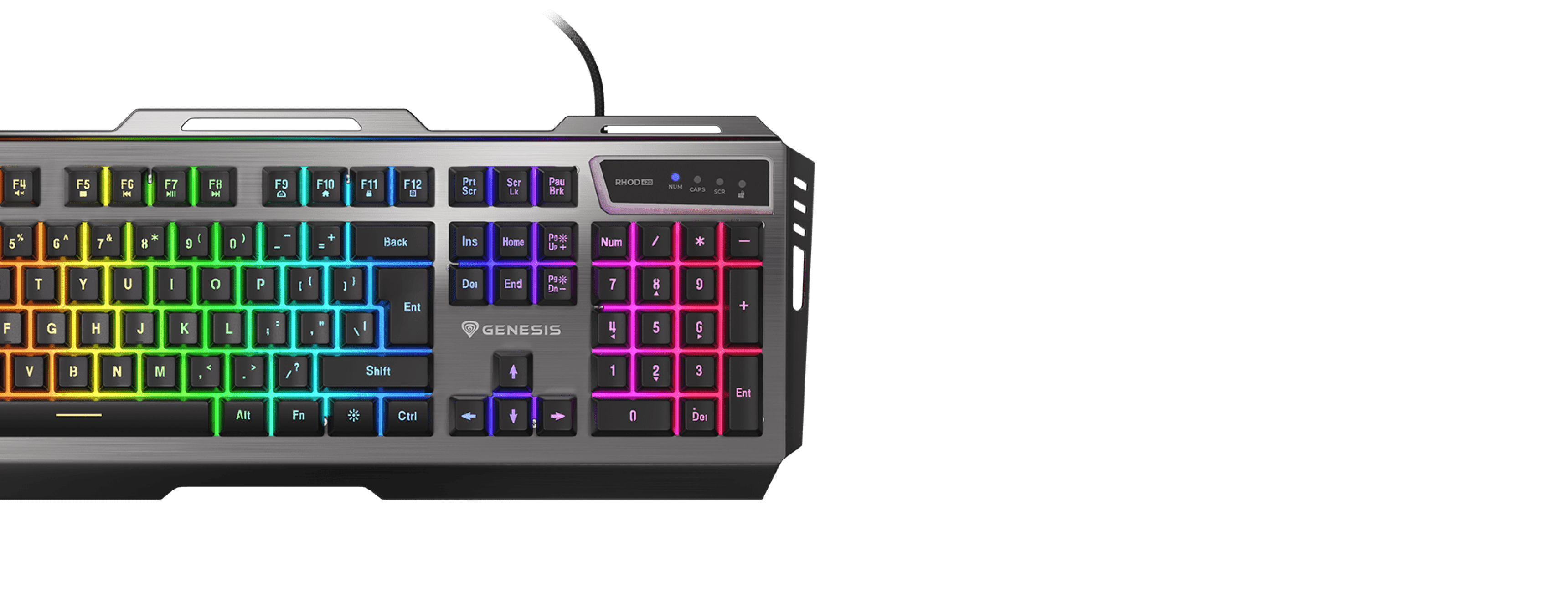 Gaming keyboard with RGB backlighting, featuring a sleek design, colored keys, and a sturdy build