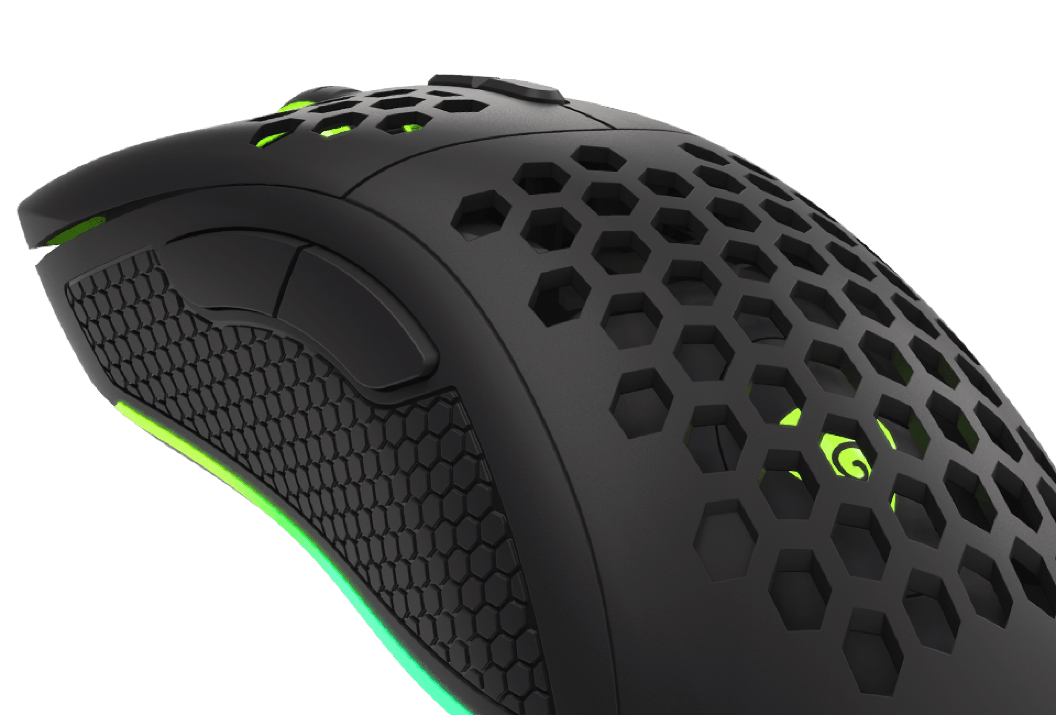 Lightweight black gaming mouse with RGB lighting, hexagonal design, and programmable features, designed for high precision up to 8000 DPI