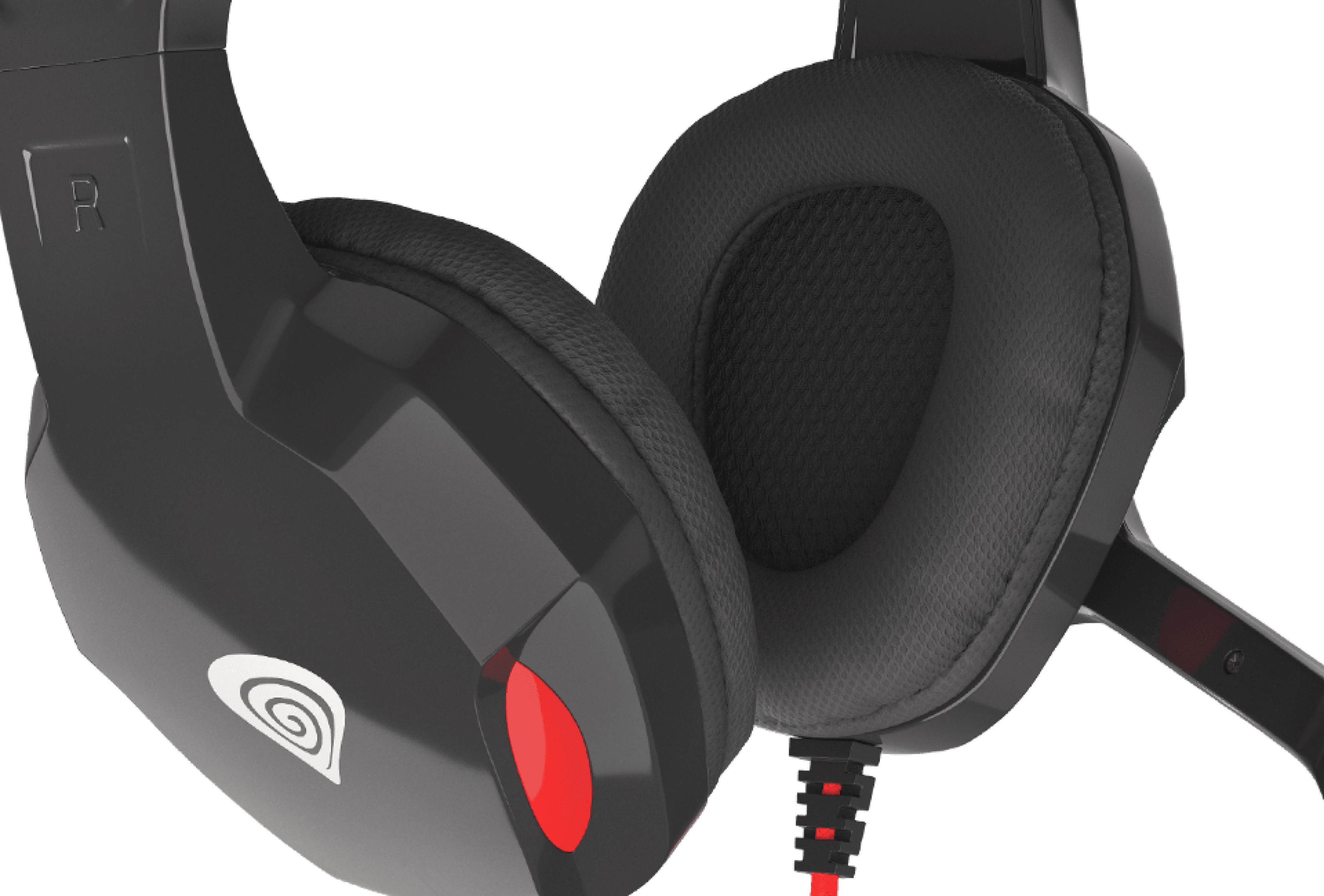 Black headphones with cushioned ear pads and a red accent on the side.