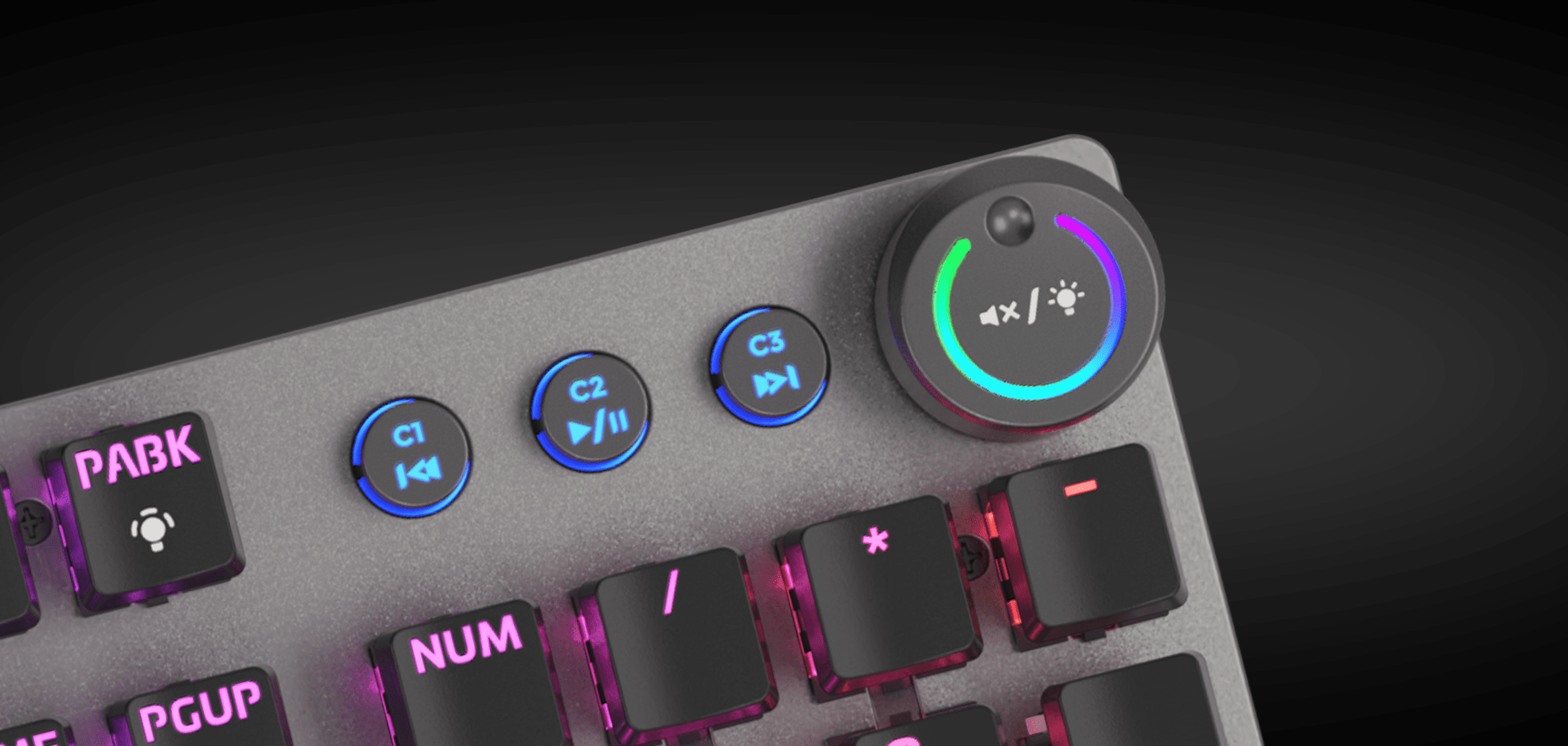 Keyboard with colorful backlit keys and a round control dial on the top right.