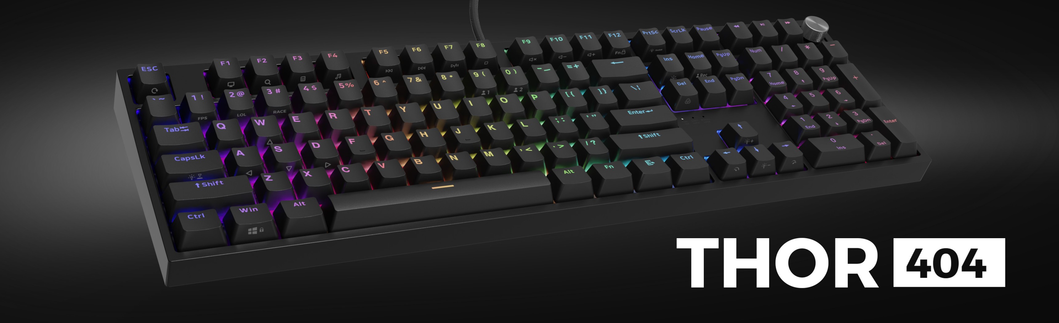 Black mechanical gaming keyboard with RGB backlighting, featuring Outemu Peach Silent switches, model THOR 404