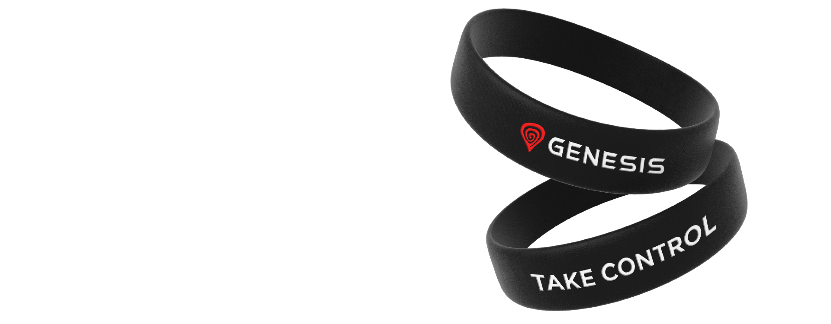 Black silicone wristbands featuring "GENESIS" logo and "TAKE CONTROL" text