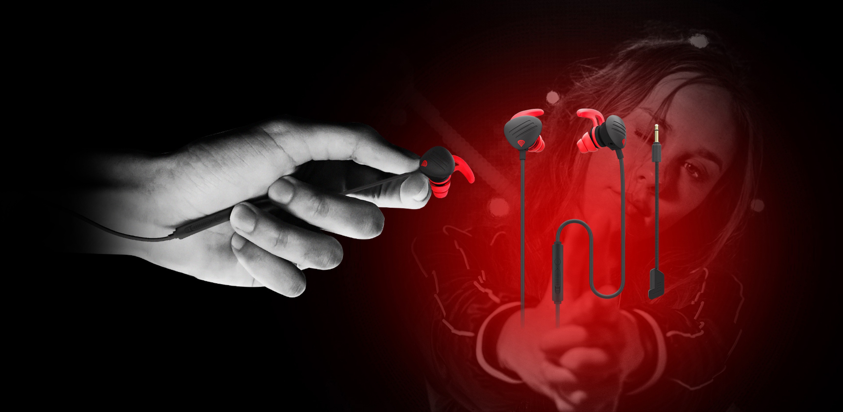 A hand reaching for earphones with a glowing red background and a person in the distance.
