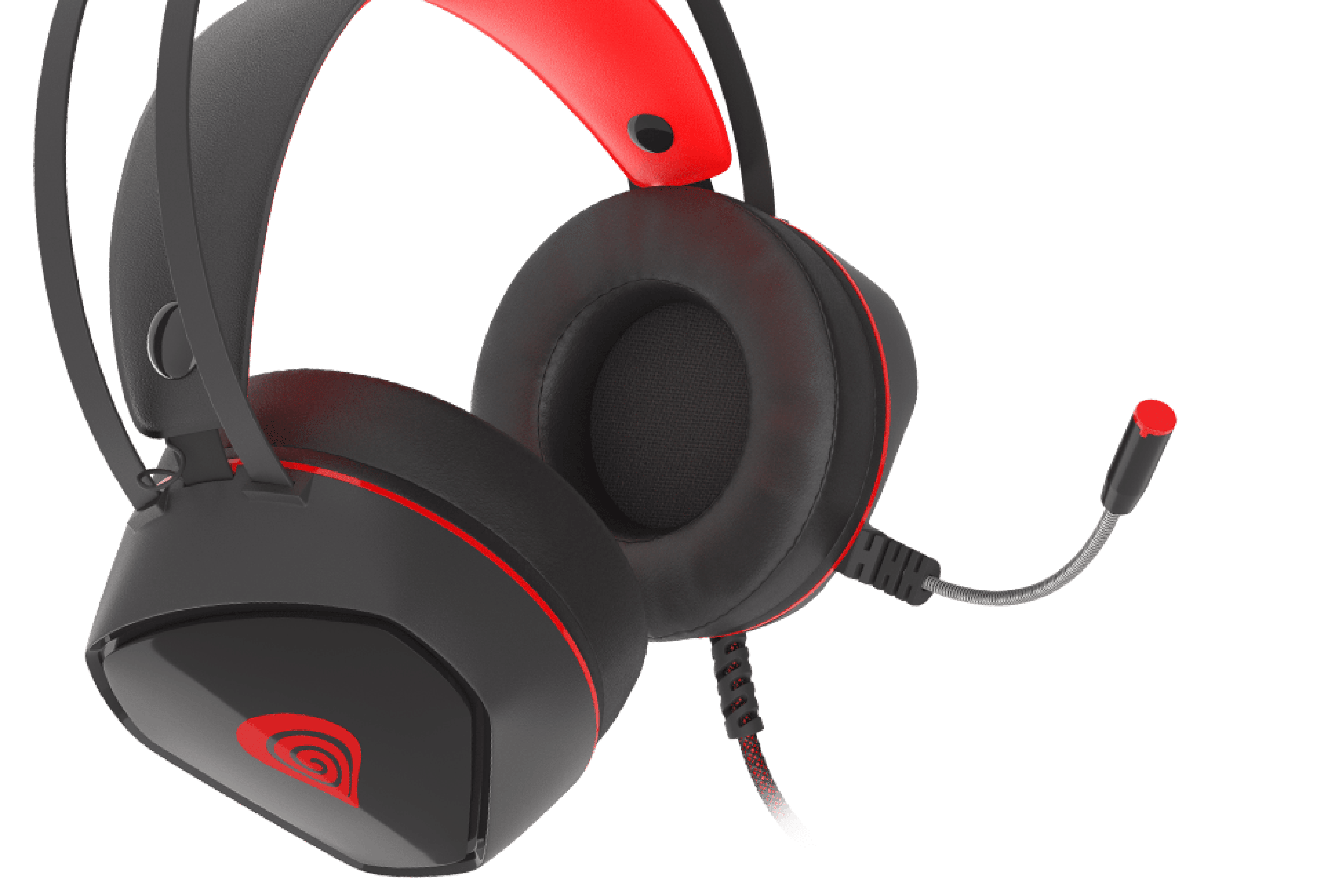 Headset with black and red design, adjustable headband, and a detachable microphone.