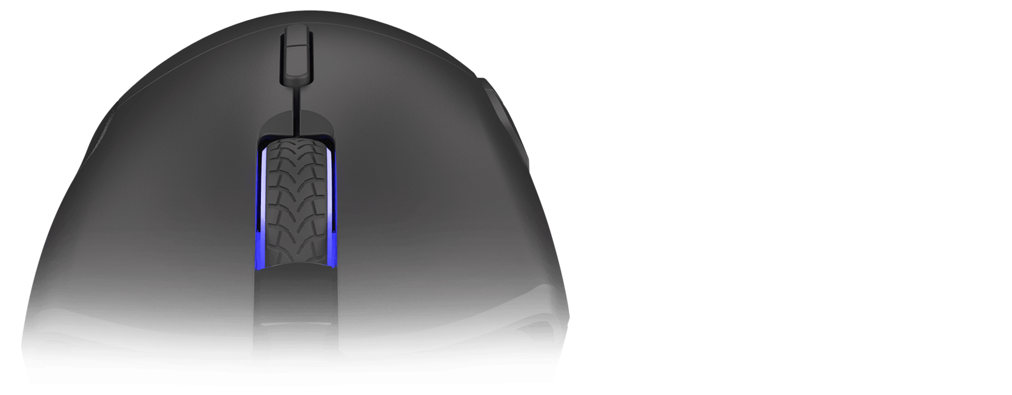 Black gaming mouse with programmable features, featuring RGB lighting and a textured scroll wheel, viewed from the top
