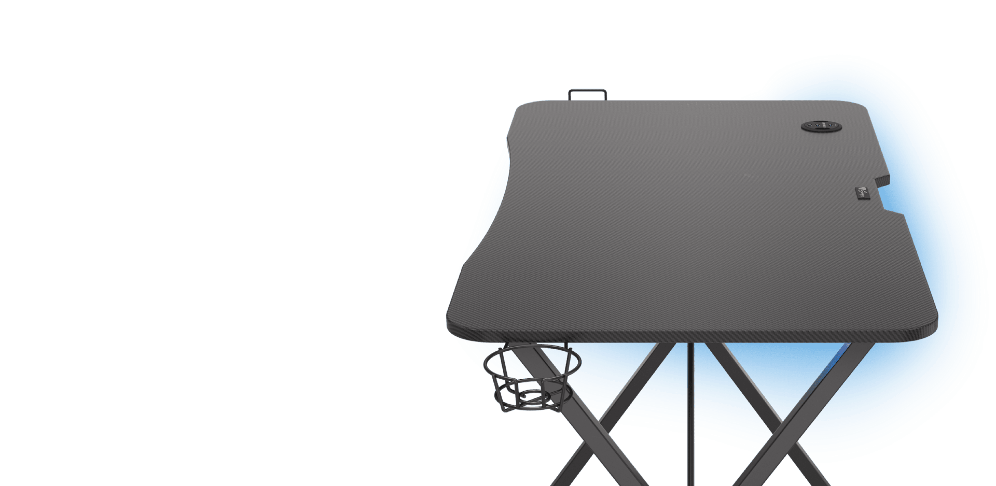 Black gaming desk with an ergonomic design, RGB lighting, cup holder, and cable management features