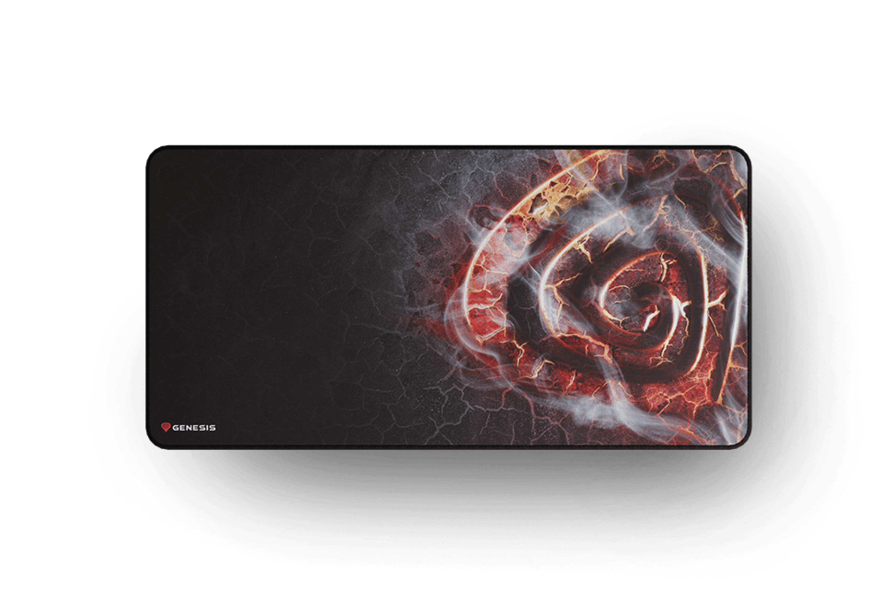 Large gaming mouse pad featuring a fiery spiral design in red and black, measuring 900x450mm