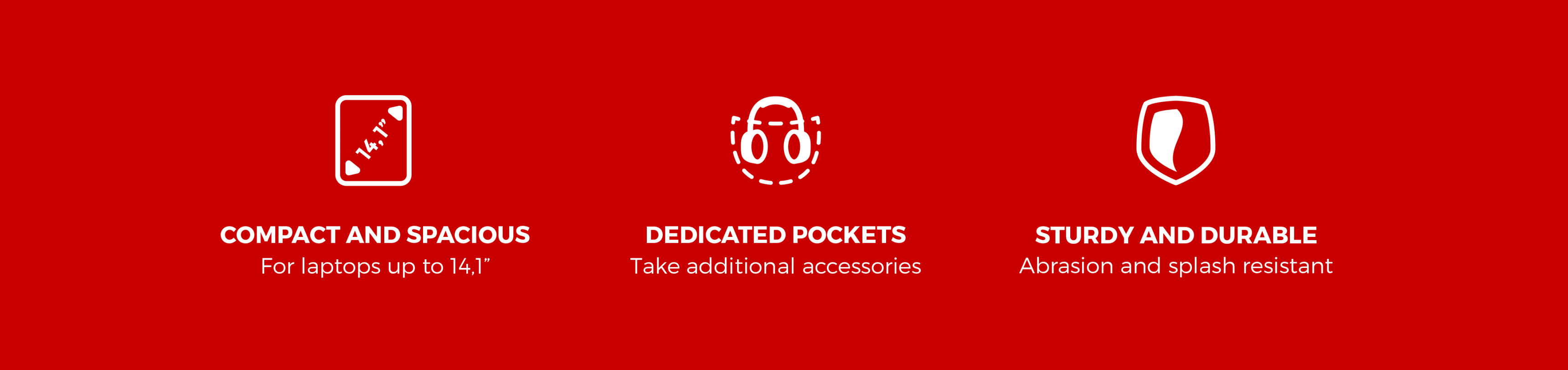 Icons highlighting features of the PLECAK GENESIS PALLAD 200: compact design, dedicated pockets, and durable materials