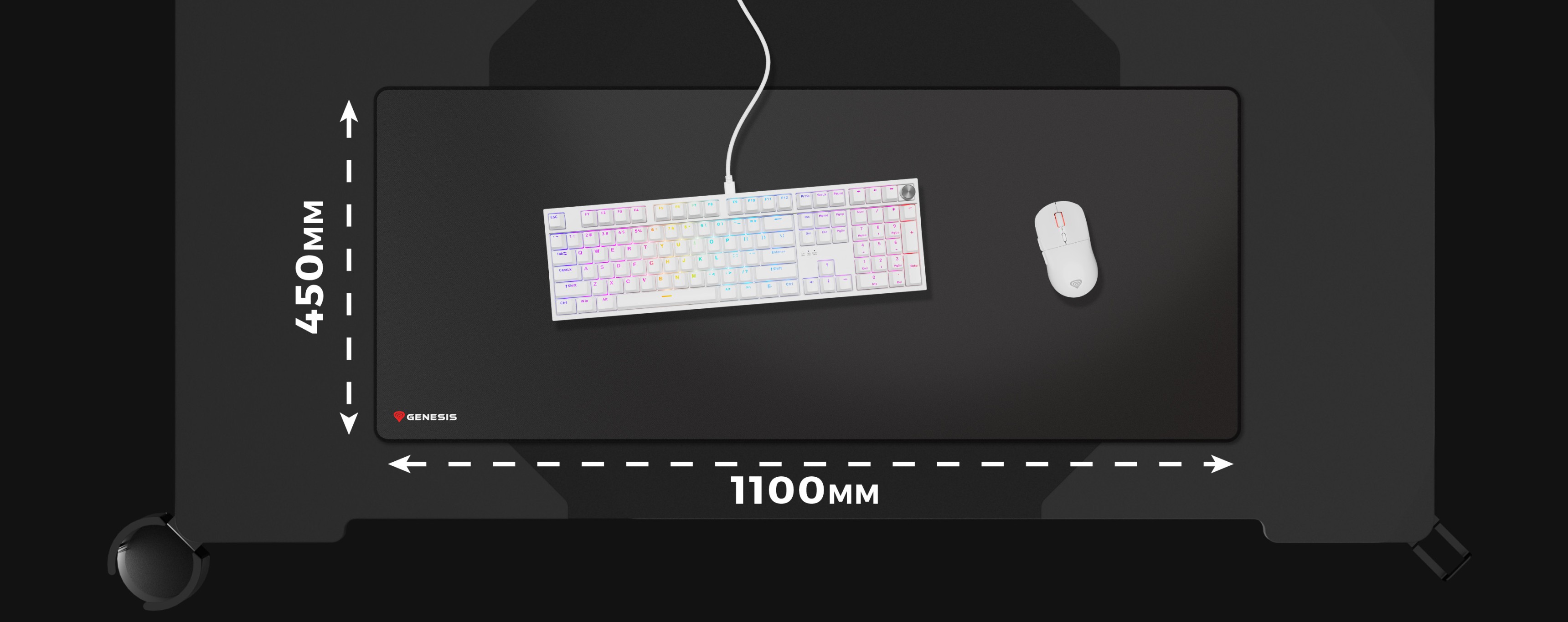Large gaming mouse pad with dimensions marked, featuring a keyboard and mouse on a black surface