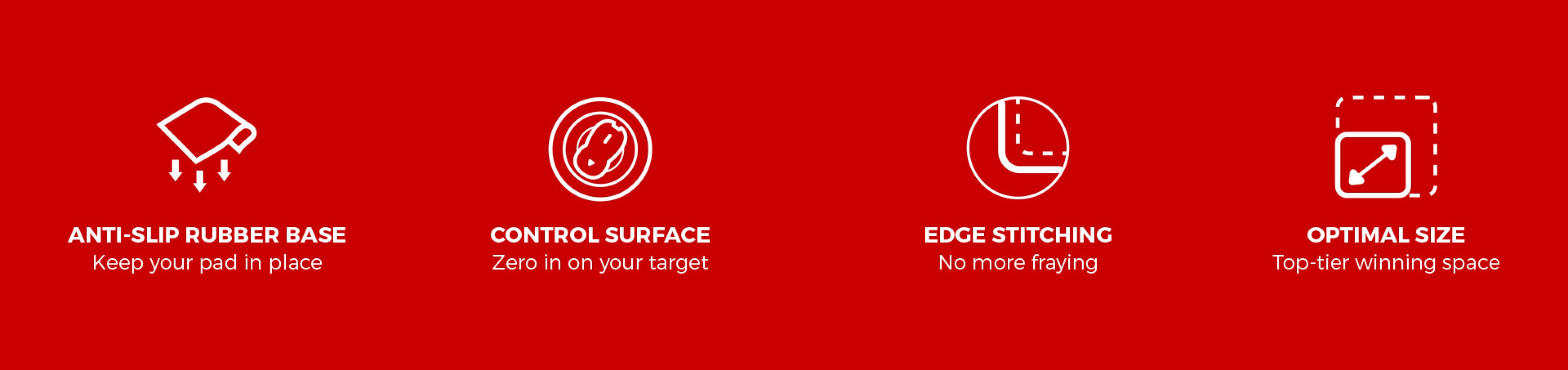 Large gaming mouse pad with anti-slip rubber base, control surface, edge stitching, and optimal size for gaming needs