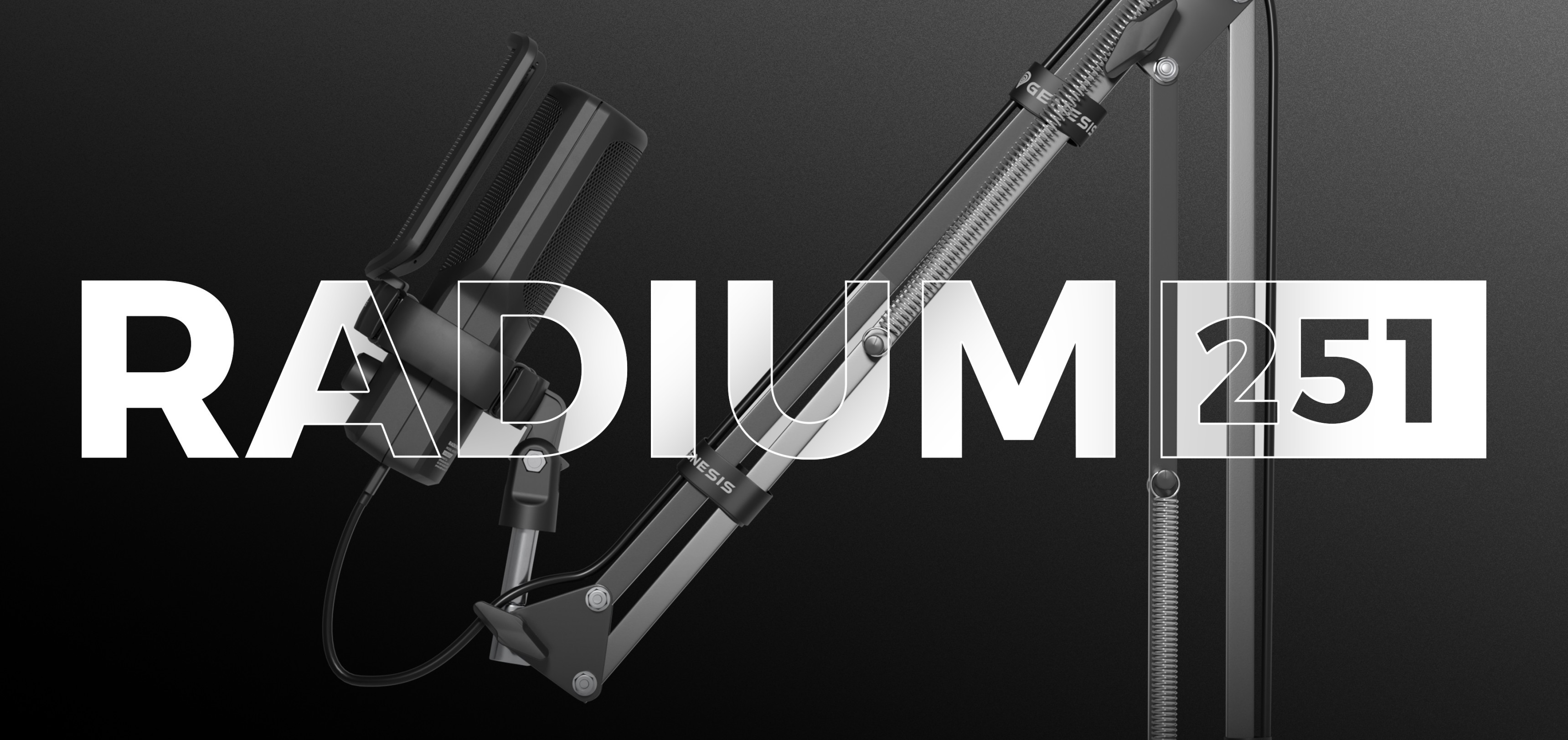 Black USB microphone mounted on an adjustable arm, with bold text displaying "RADIUM 251."
