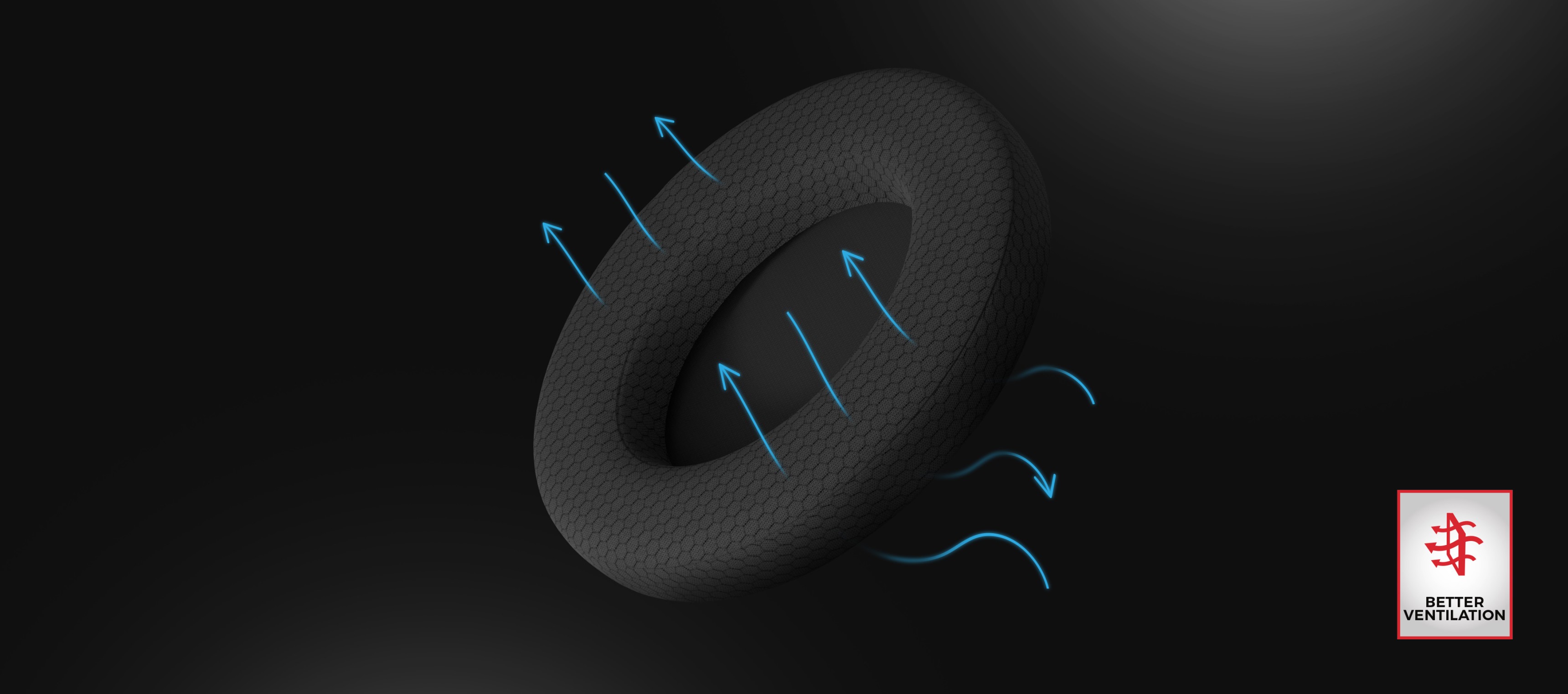 Black headphone ear pad with airflow arrows indicating ventilation features. Textured surface designed for comfort