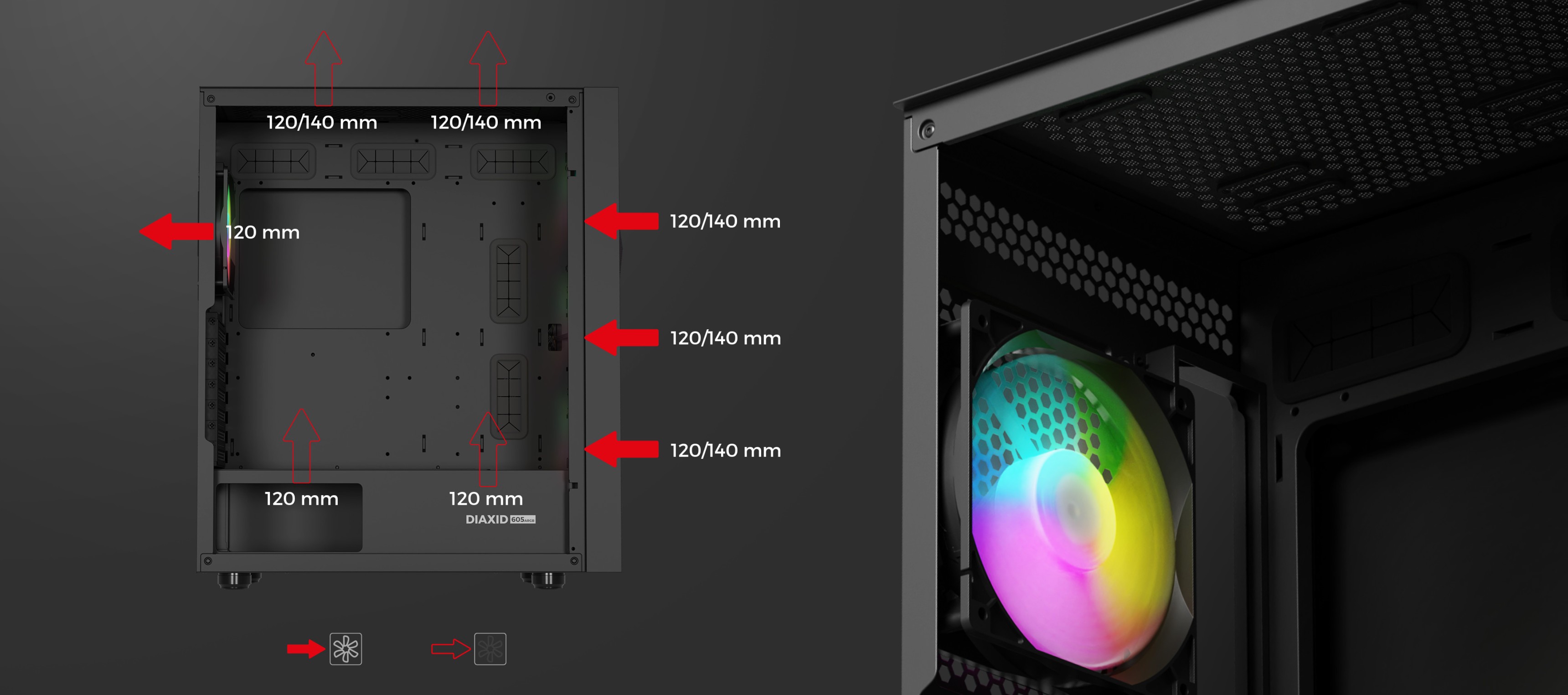 Black computer case with tempered glass panel and space for multiple cooling fans