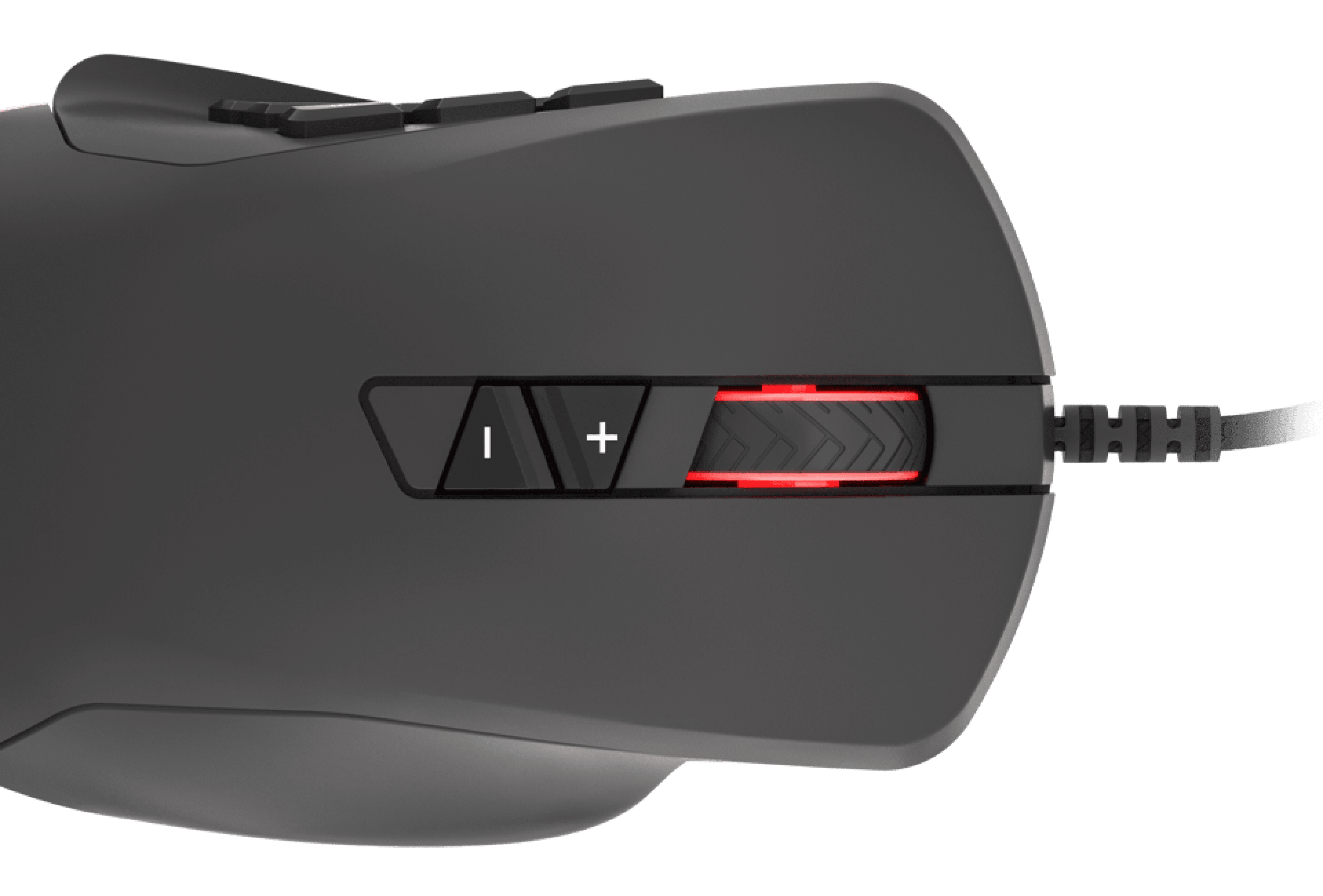 Computer mouse with clickable buttons and a scrolling wheel featuring a red light.