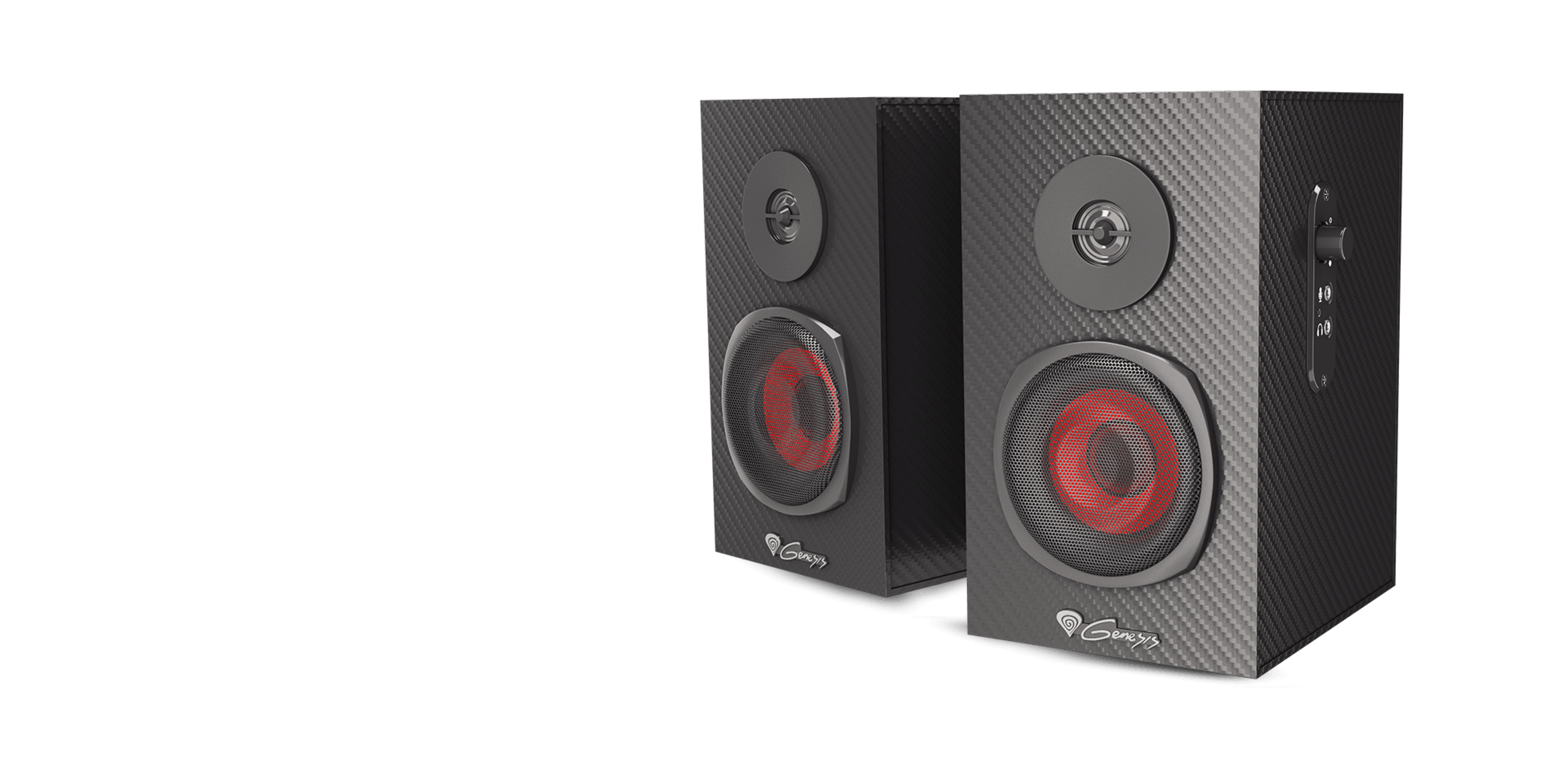 Black Genesis Helium 200 2.0 speakers with a carbon fiber design and red accents, featuring control knobs on the side