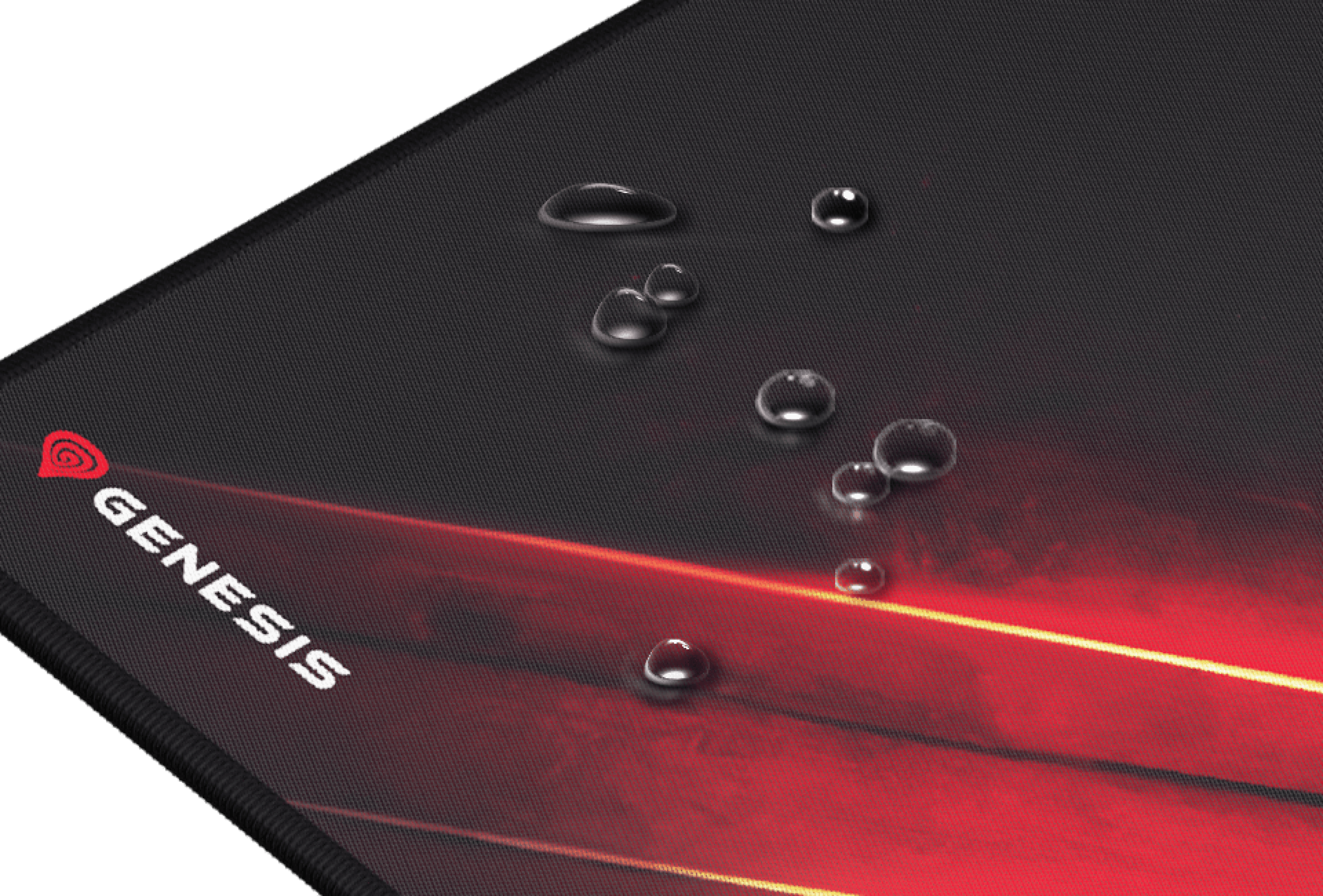 Large gaming mouse pad featuring a black surface with red accents and water droplets, showcasing a sleek design